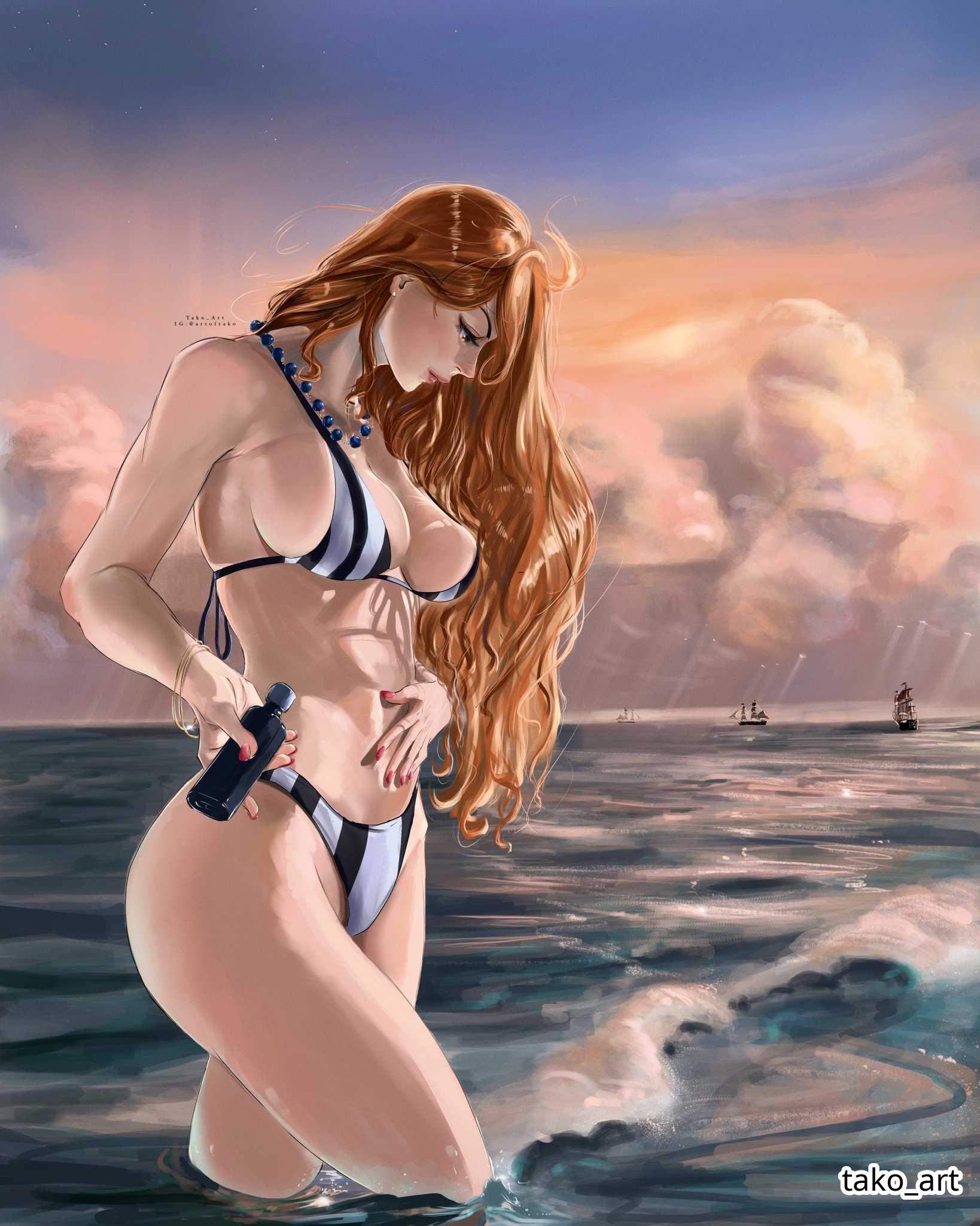 1girls, 2d, 2d (artwork), 2d artwork, adult, adult female, almost naked, almost nude, artistic, bare armpits, bare arms, bare belly, bare chest, bare hands, bare hips, bare legs, bare midriff, bare navel, bare shoulders, bare skin, bare thighs, belly, big breasts, bikini, bikini bottom, bikini only, bikini top, black bikini, black bikini bottom, black bikini top, black swimsuit, black swimwear, blue sky, bracelet, breasts, busty, busty female, busty girl, clouds, curvaceous, curvaceous body, curvaceous female, curvaceous figure, curvaceous hips, curvy, curvy body, curvy female, curvy figure, curvy hips, day, daylight, daytime, digital, digital art, digital drawing, digital drawing (artwork), digital media, digital media (artwork), drawing, elbows, exposed armpits, exposed arms, exposed belly, exposed chest, exposed hips, exposed legs, exposed midriff, exposed navel, exposed shoulders, exposed skin, exposed thighs, female, female focus, female only, fingernails, fingers, ginger, ginger hair, god rays, groin, halterneck, hand on belly, hand on own belly, hand on own stomach, hand on stomach, head tilt, high resolution, highres, horizon, hourglass figure, inframammary fold, inguinal crease, inguinal ligament, large boobs, large breasts, lean figure, lips, lipstick, long hair, mature, mature female, midriff, mostly nude, nail polish, nails, naked, naked female, naked woman, nami (one piece), narrow waist, nearly nude, necklace, nude, nude female, nudity, ocean, one piece, orange eyebrows, orange eyes, orange hair, orange hair female, orange-eyed female, orange-haired female, outdoor, outdoor nudity, outdoors, outside, partially submerged, partially submerged legs, post-timeskip, practically nude, profile, red fingernails, red lips, red lipstick, red nail polish, red nails, sea, seaside, ships, shoulders, shueisha, sky, slender body, slender waist, slim female, slim waist, solo, standing, striped bikini, striped bikini bottom, striped bikini top, striped swimsuit, striped swimwear, submerged feet, submerged legs, swimsuit, swimwear, tako art, thick thighs, thighs, tilted head, upper body, water, waves, wavy hair, white bikini, white bikini bottom, white bikini top, white swimsuit, white swimwear, wide hips