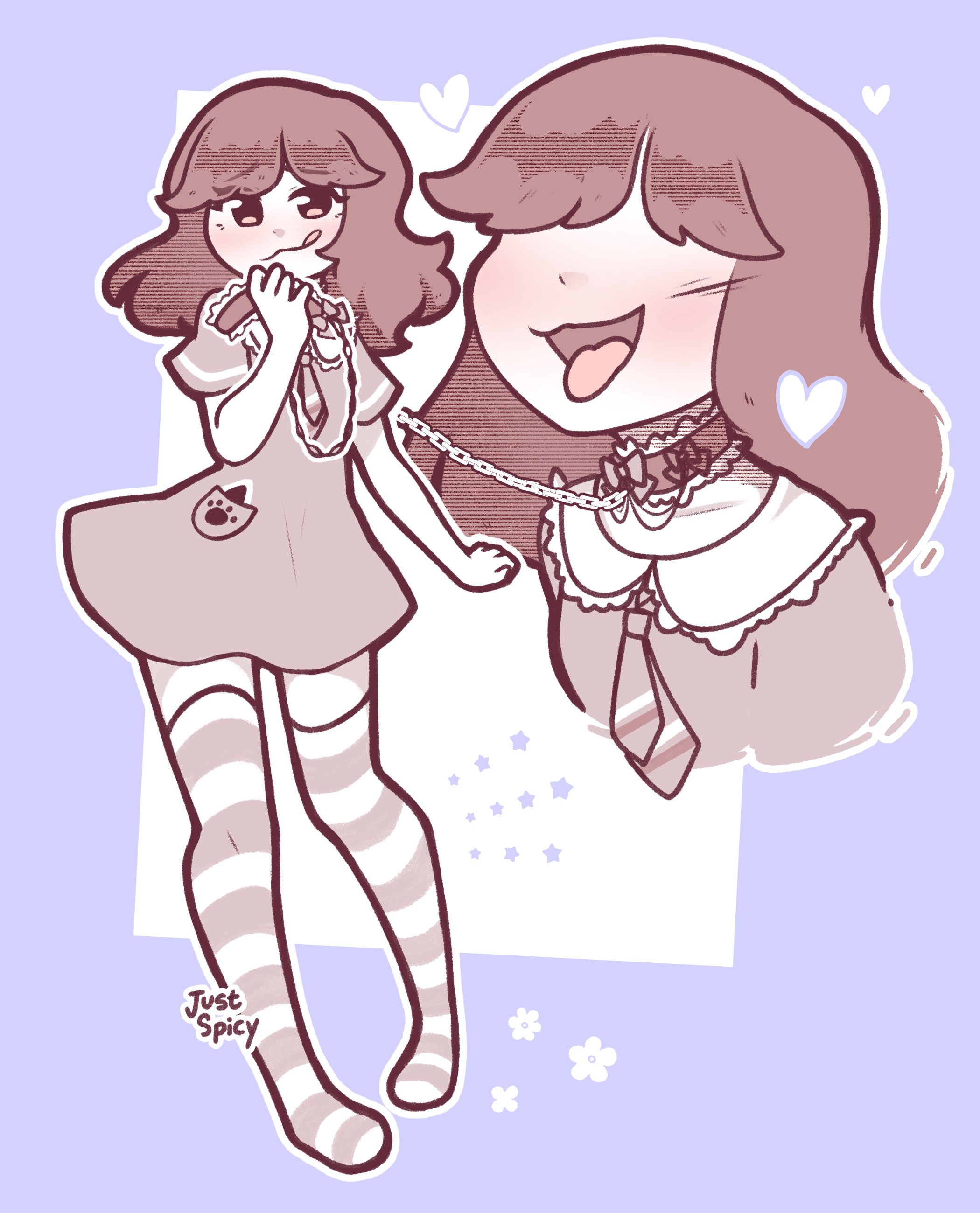 1girls, 2d, brown hair, dog collar, dress, female, female only, human, human female, human only, justspicy, leash, leash pull, mishy (justspicy), monochrome, necktie, open mouth, pink socks, smile, socks, solo, stripped socks, thigh socks, thighhighs, tongue, tongue out, white socks