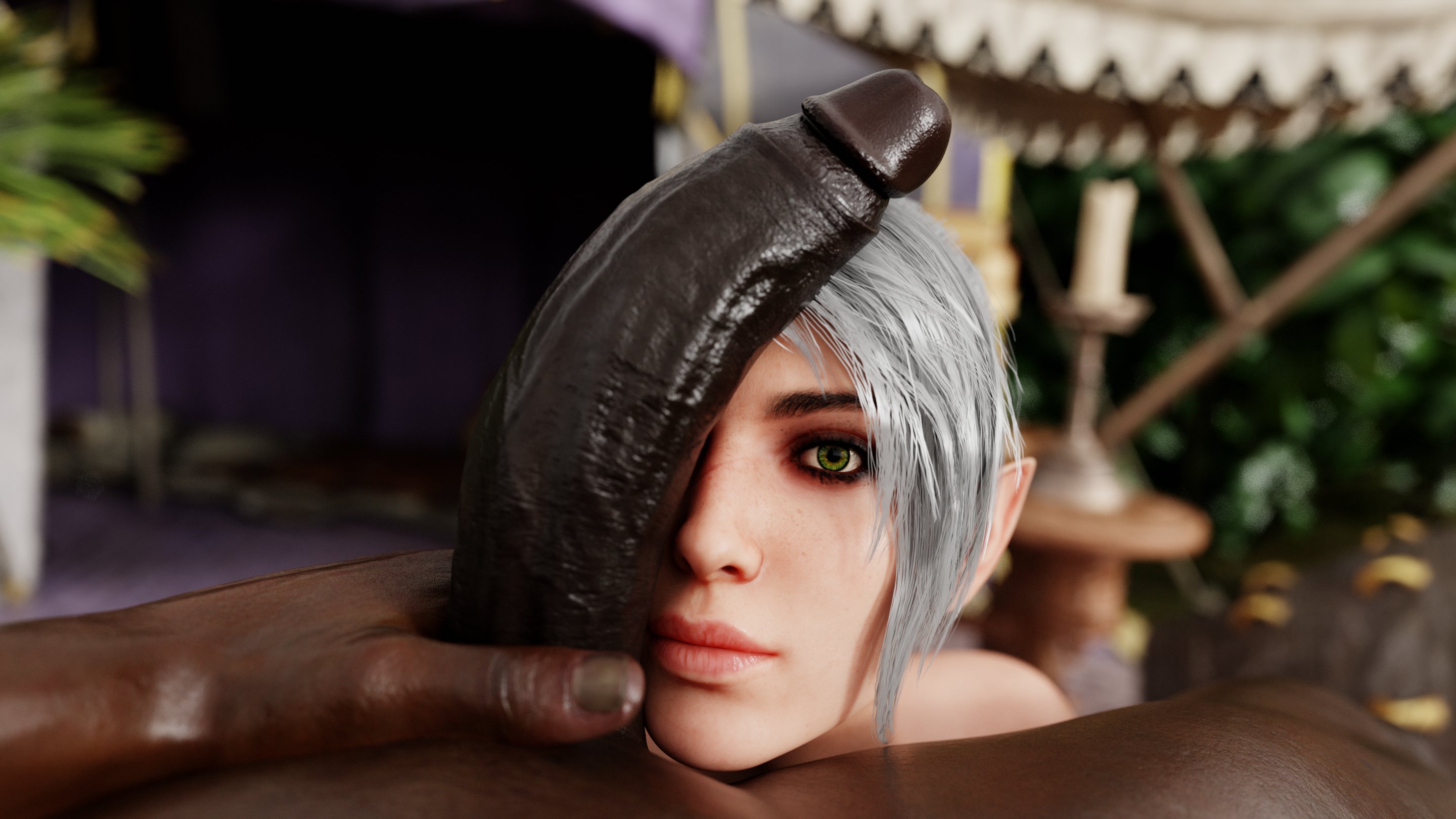 1boy, 1girls, 3d, 3d render, baldur's gate, baldur's gate 3, big penis, braided hair, dark-skinned male, day, derpderp, elf female, green eyes, interracial, larian studios, looking at viewer, male pov, outdoors, penis bigger than head, penis on face, pointy ears, scar, shadowheart, veiny penis, white hair