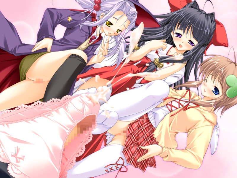 3girls artist_request black_hair blue_eyes blue_hair brown_hair censored character_request multiple_girls naughty_face panties panty_on_penis pantyjob skirt thighhighs upskirt yellow_eyes