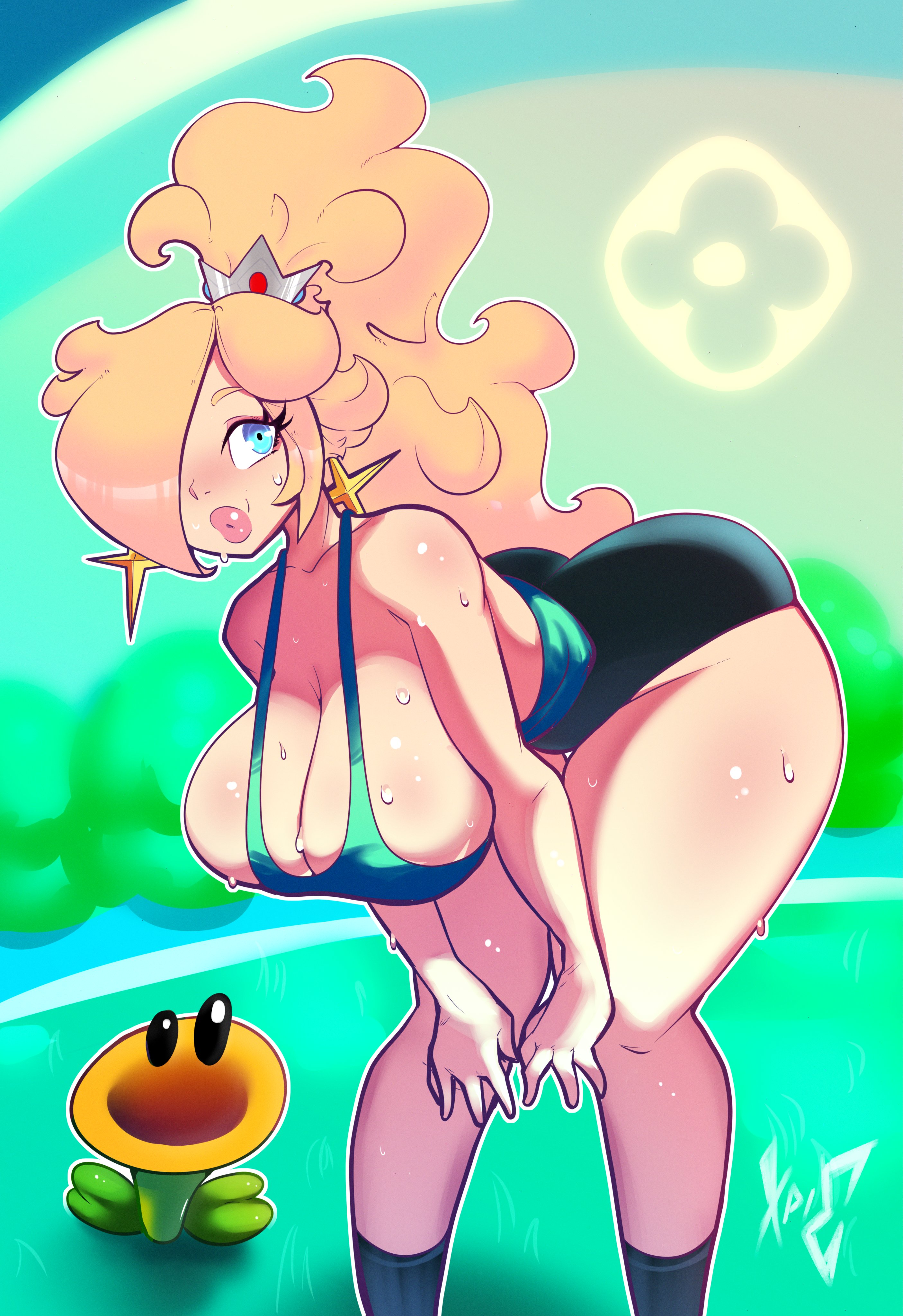 1girls, bent forward, big breasts, big lips, black shorts, blonde hair, blue eyes, bottomwear, breasts, cleavage, clothing, crown, ear piercing, earrings, female, female focus, female only, flower, footwear, hair, hair over one eye, headwear, huge breasts, lips, mario (series), nintendo, parted lips, ponytail, princess rosalina, short shorts, shorts, star earrings, super mario bros. wonder, sweat, sweatdrop, talking flower (super mario bros. wonder), tank top, thick lips, thick thighs, thighs, tied hair, topwear, xpisigma