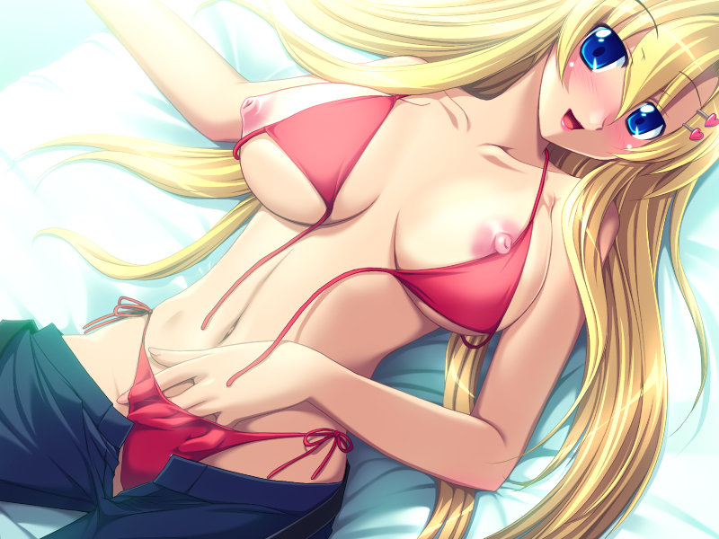 anetea anetea!? areola areolae bikini blonde_hair blue_eyes breasts female fingernails game_cg hand_in_swimsuit hand_under_clothes hands_under_clothes hands_under_clothing heart large_breasts lips lipstick long_hair makeup nail nails navel nipples nora_freeman nora_freeman_misora open_mouth pants pointy_chin rapapuru red_bikini smile solo swimsuit tajima_yoshikazu