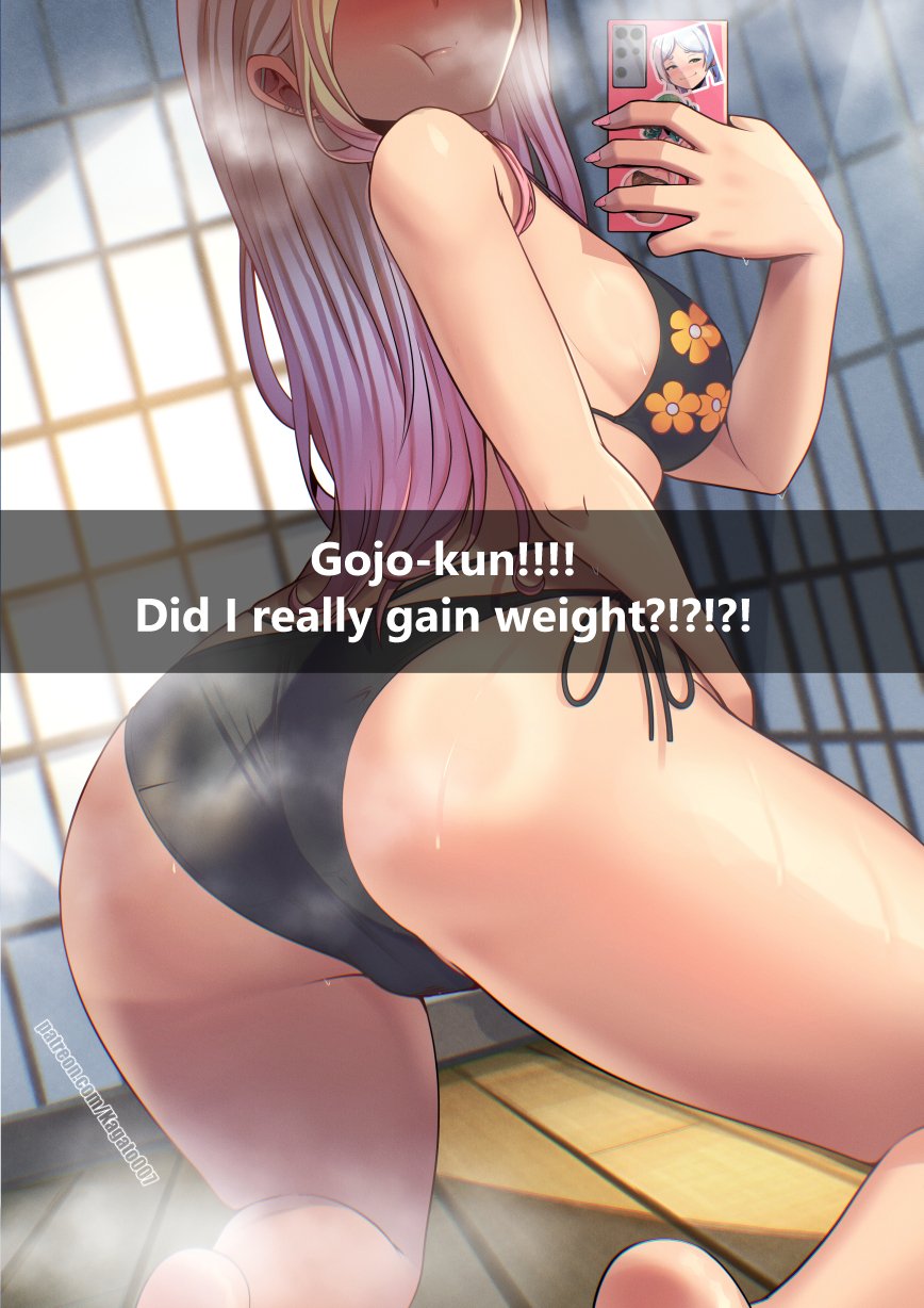 1girls, ass, blonde hair, english text, female, female only, kagato007, kitagawa marin, light-skinned female, selfie, solo, sono bisque doll wa koi wo suru, sweat, sweatdrop, teenage girl, text