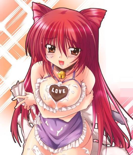 animal_ears apron bell bell_collar bells blush breast_squeeze breasts brown_eyes bukkake cake cat_ears cat_tail catgirl chocolate collar cum food frills heart huge_breasts jingle_bell kousaka_tamaki large_breasts long_hair naked_apron nipples open_mouth pastry red_hair tail to_heart_(series) to_heart_2