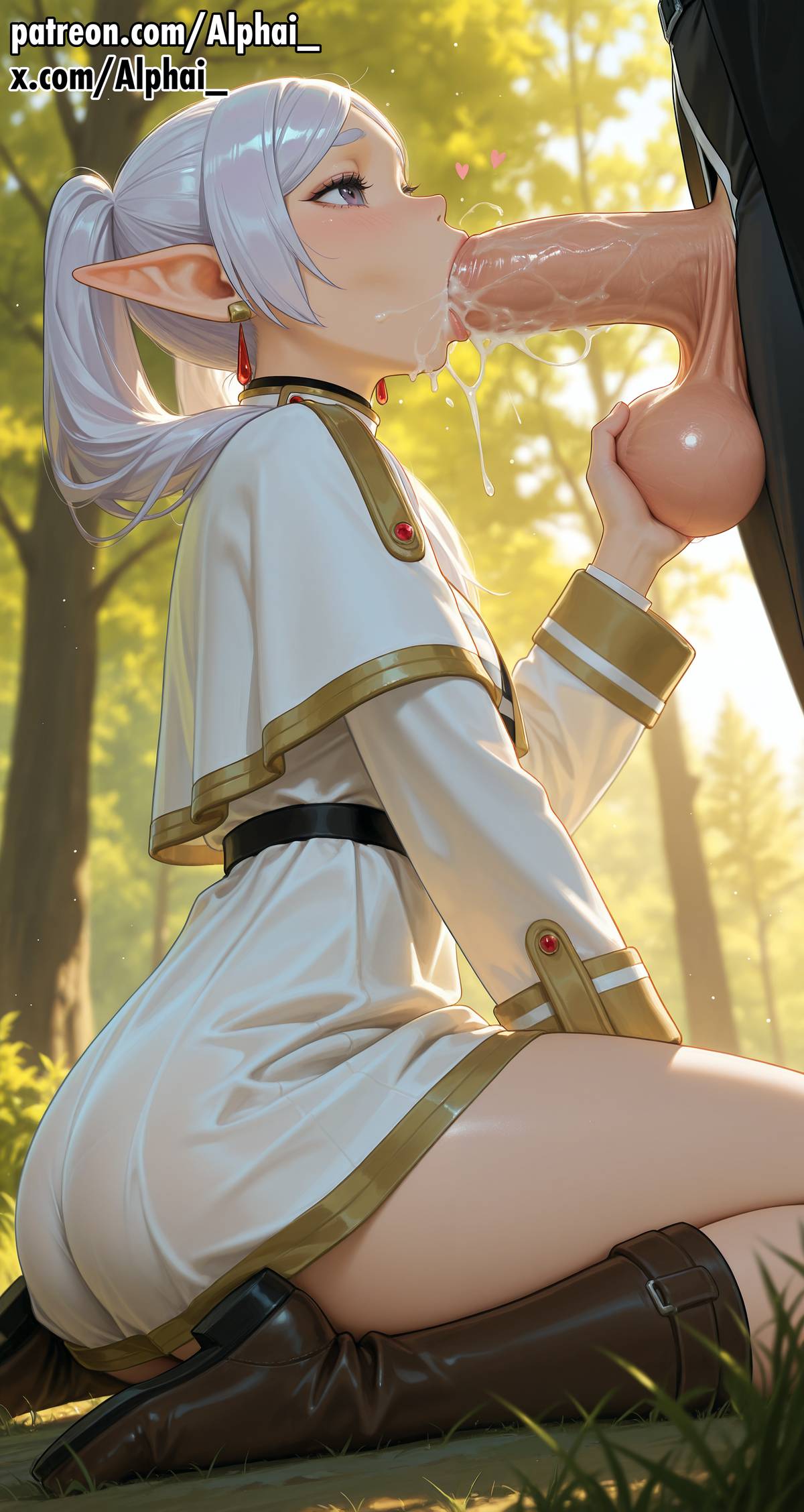 :>=, 1futa, 2026, absurd res, absurdres, ai generated, alphai, ass, balls, big cock, big penis, big testicles, blowjob, blush, blush lines, cinematic lighting, clothed, clothed female, colorful background, cum, depth of field, detailed background, drooling, ejaculation, elf, elf ears, elf female, erection, fellatio, fern (sousou no frieren), foreskin, frieren, frieren beyond journey's end, from below, futanari, genitals, grey hair, high quality, high resolution, highres, holding penis, huge cock, hyper penis, lips, looking up, open mouth, outdoors, particles, penis, penis grab, pleasure face, raised eyebrows, sex, side angle, skindentation, sousou no frieren, testicles, thick penis, uncensored