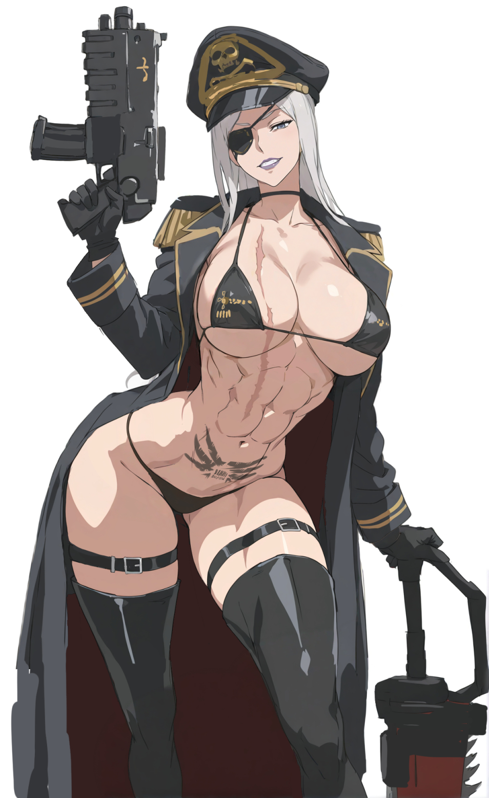 1girls, 2d, abs, astra militarum, bikini bottom, bikini top, bolter, chainsword, commissar, eyepatch, female, fit female, gloves, gun, imperial guard, imperium of man, lipstick, mikazuki144 (artist), scar, svetlana (mikazuki144), sword, tattoo, thighhigh boots, trenchcoat, warhammer (franchise), warhammer 40k, white hair