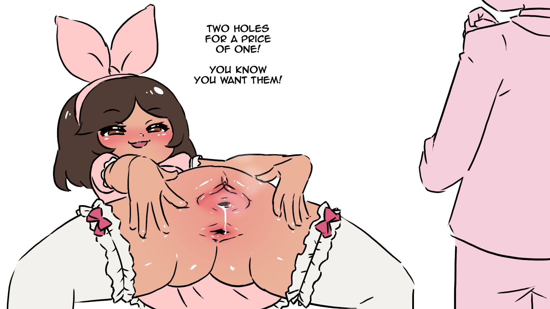 asshole, bow, brown hair, dark skin, dripping pussy, manyakis, mishy (justspicy), nude, presenting, pussy, pussy juice, smug, spread ass, spread legs, spread pussy, text, thighhighs