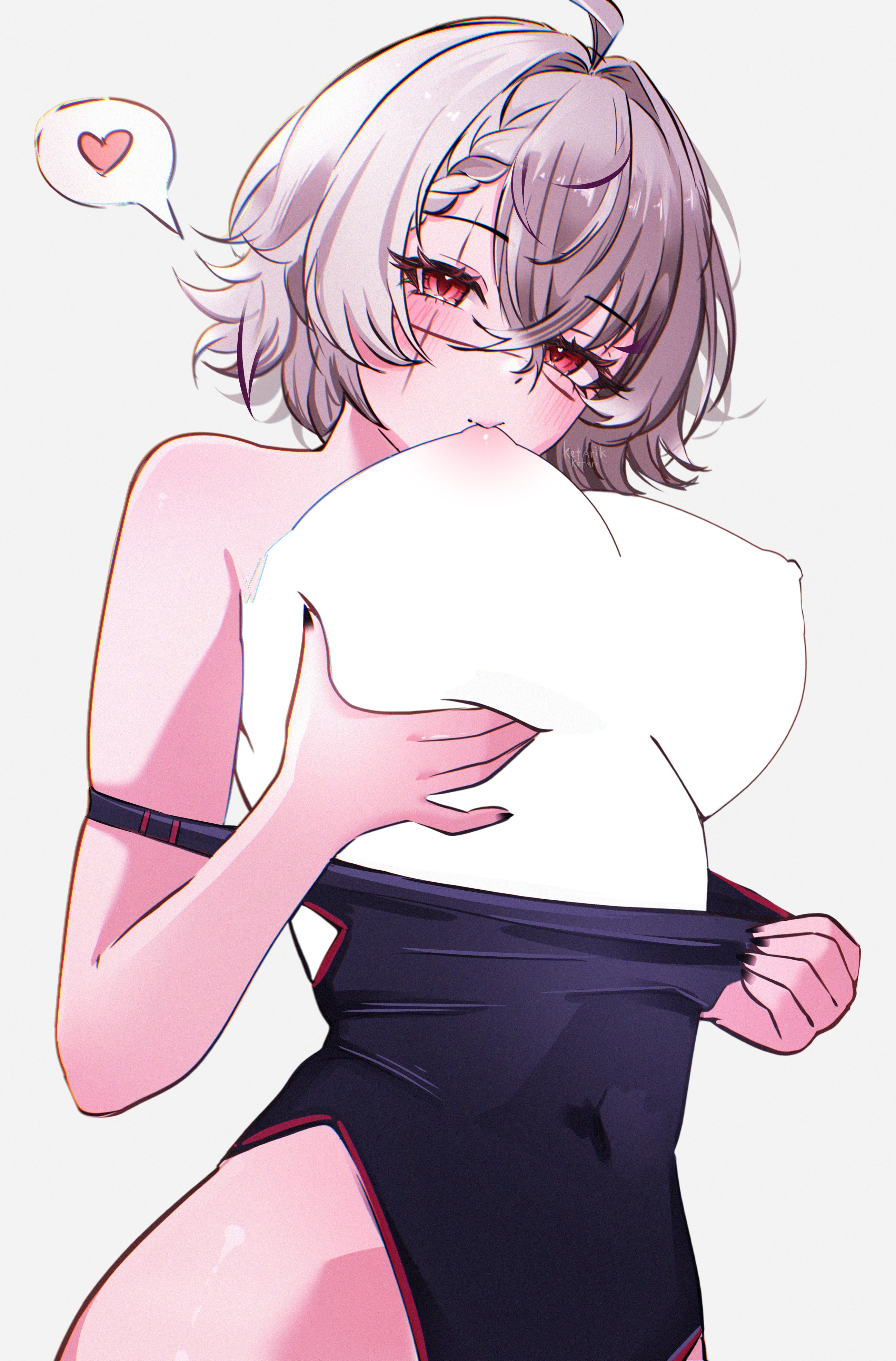1girls, female, female only, indie virtual youtuber, ketari, light skin, light-skinned female, saruei (vtuber), self breast sucking, spoken heart, sucking, sucking breasts, sucking nipple, virtual youtuber, vtuber, white hair