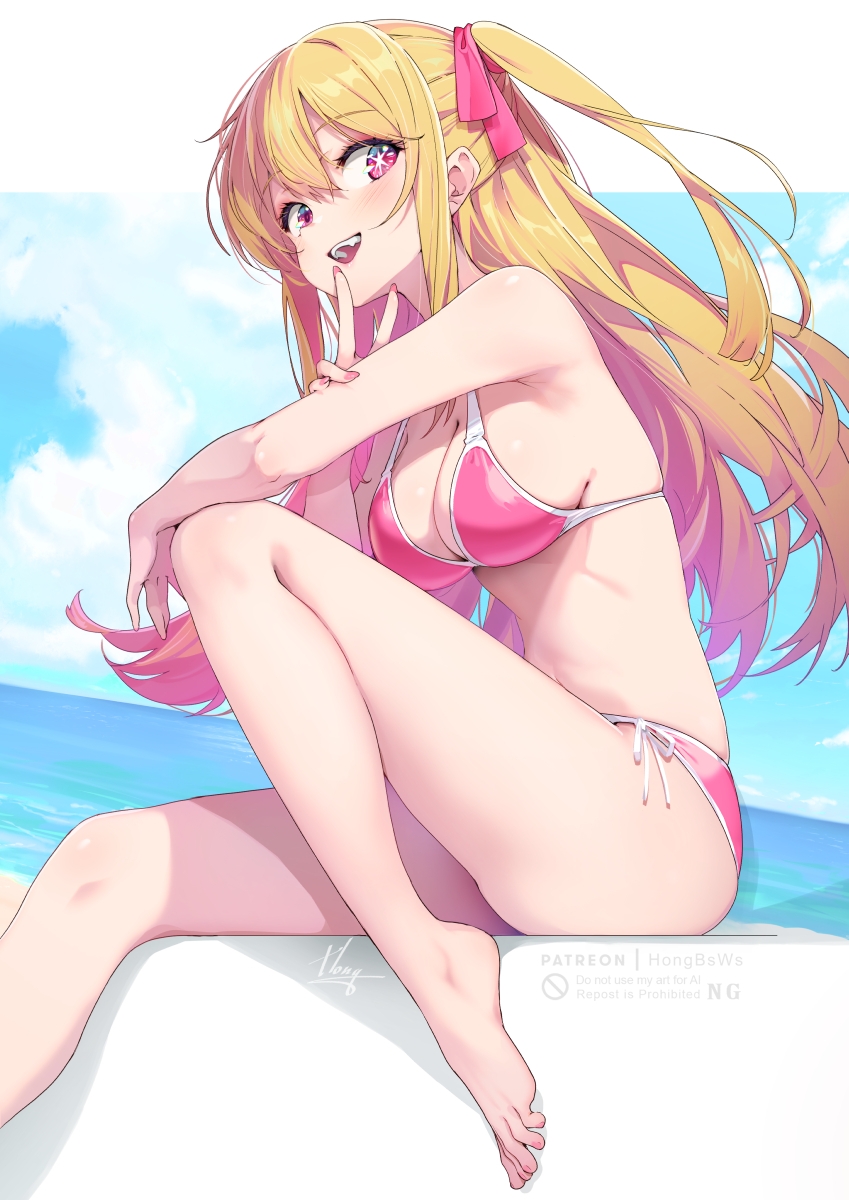 1girls, 2d, 2d (artwork), 2d artwork, ass, bare armpits, bare arms, bare belly, bare calves, bare chest, bare hands, bare hips, bare knees, bare legs, bare midriff, bare navel, bare shoulders, bare skin, bare thighs, bare toes, barefoot, belly, big breasts, bikini, bikini bottom, bikini only, bikini top, blonde eyebrows, blonde female, blonde hair, blonde-haired female, blue sky, breasts, busty, busty female, busty girl, busty teen, busty teenager, calves, cleavage, clouds, collarbone, day, daylight, daytime, digital, digital art, digital drawing, digital drawing (artwork), digital media, digital media (artwork), drawing, elbows, exposed armpits, exposed arms, exposed belly, exposed chest, exposed hips, exposed legs, exposed midriff, exposed navel, exposed shoulders, exposed skin, exposed thighs, exposed toes, eyebrows visible through hair, feet, female, female focus, female only, fingernails, fingers, full body, groin, hair between eyes, hair ribbon, hair tie, half naked, half nude, halterneck, head tilt, high resolution, high school student, highres, hong (white spider), horizon, hoshino ruby, idol, inframammary fold, knee up, knees, large boobs, large breasts, lean figure, legs, long hair, looking at viewer, midriff, nail polish, nails, naked, naked female, naked woman, narrow waist, nude, nude female, nudity, ocean, one side up, open mouth, open mouth smile, oshi no ko, outdoor, outdoor nudity, outdoors, outside, parted lips, peace sign, pink bikini, pink bikini bottom, pink bikini top, pink eyes, pink fingernails, pink hair ribbon, pink hair tie, pink nail polish, pink nails, pink ribbon, pink swimsuit, pink swimwear, pink toenail polish, pink toenails, pink-eyed female, ribbon, school girl, schoolgirl, sea, seaside, semi nude, shoulders, side-tie bikini, sign, sitting, sky, slender body, slender waist, slim female, slim waist, smile, smiley face, smiling, smiling at viewer, solo, star eyes, star-shaped pupils, string bikini, swimsuit, swimwear, teen girl, teenage female, teenage girl, teenage tits, teenager, thick thighs, thighs, tilted head, toenail polish, toenails, toes, tongue, upper teeth, v, v sign, water, yellow eyebrows, yellow hair, yellow-haired female, young female, young woman