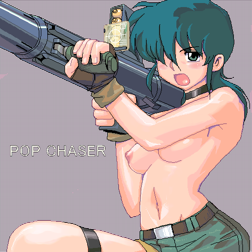 bazooka belt blue_hair blush breasts choker cream_lemon fingerless_gloves gloves green_eyes gun hair_over_one_eye lowres matagitei matagitii nipples oldschool pop_chaser rio_(cream_lemon) topless weapon