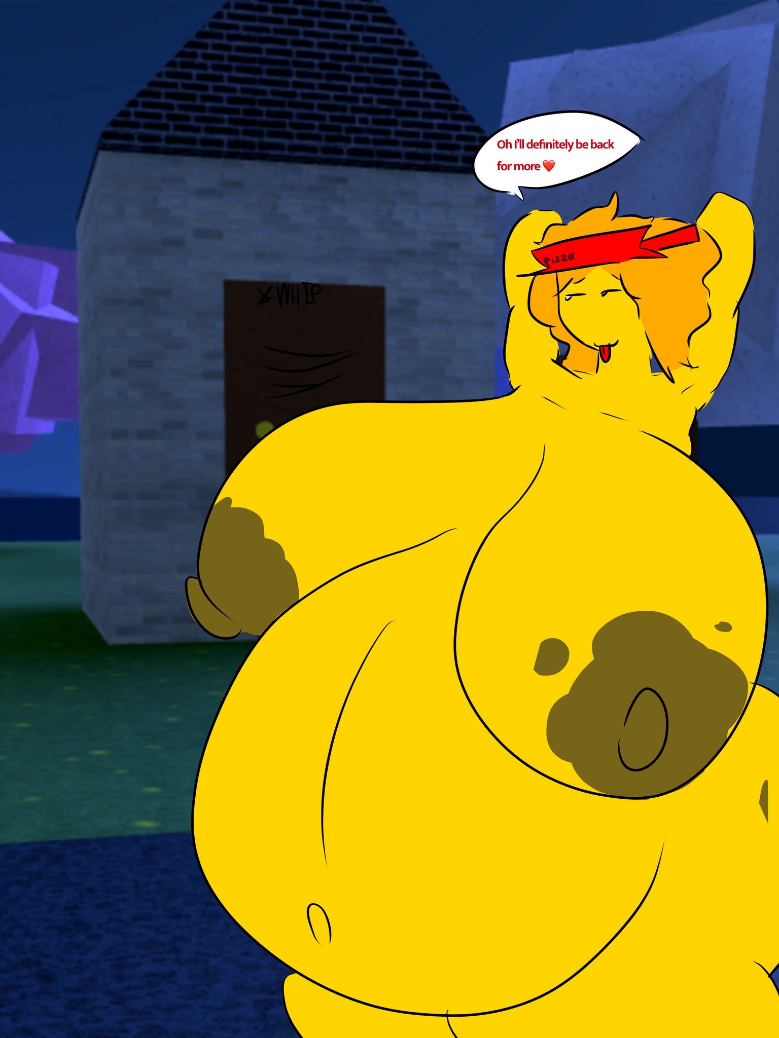 3d background, big breasts, completely nude, completely nude female, elliot (forsaken), elliot (work at a pizza place), female, forsaken (roblox), full belly, heart, huge breasts, inflated belly, inflation, pizza, pizza delivery, qlrightx, roblox, tagme, tongue out, work at a pizza place