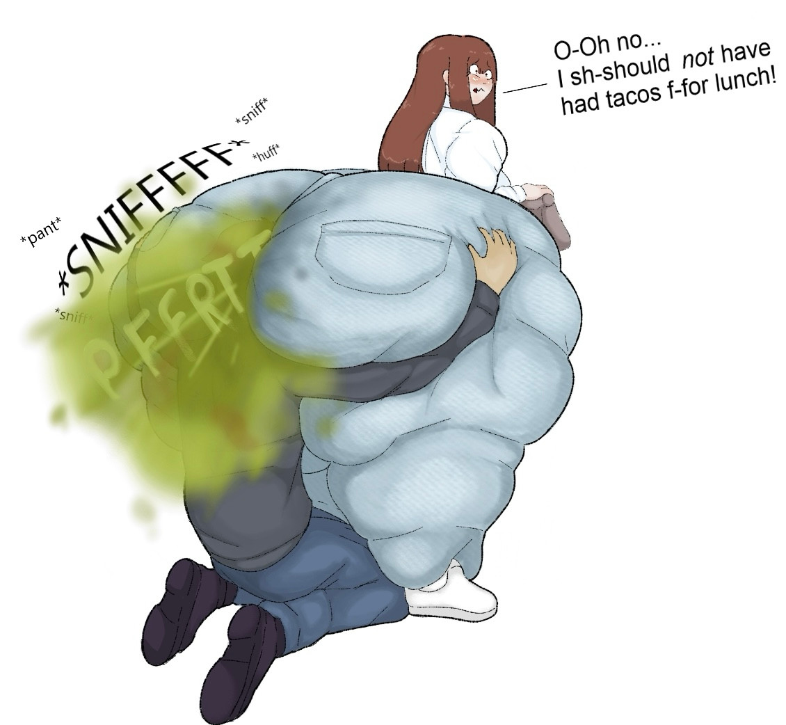 ass sniffing, bbw, bottom heavy, fart, gabbadraws, hyper ass, jeans, mizuki (gabbadraws), nervous, ssbbw, sweaty