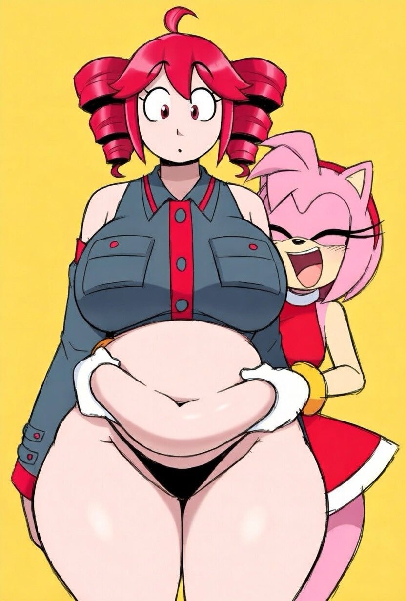 2girls, amy rose, anthro, bangs, bare shoulders, bbw, belly grab, bracelet, breasts, chilisauce, chubby, chubby female, clothed, clothing, countershade torso, countershading, crossover, duo, eyelashes, female, female only, front view, furry, gloves, grabbing belly, grabbing from behind, hair ribbon, huge breasts, kasane teto, light skin, light-skinned female, looking down, mobian (species), overweight, overweight female, pink body, pink fur, red eyes, red hair, sega, sonic (series), sonic the hedgehog (series), teto, thick thighs, thong, utau