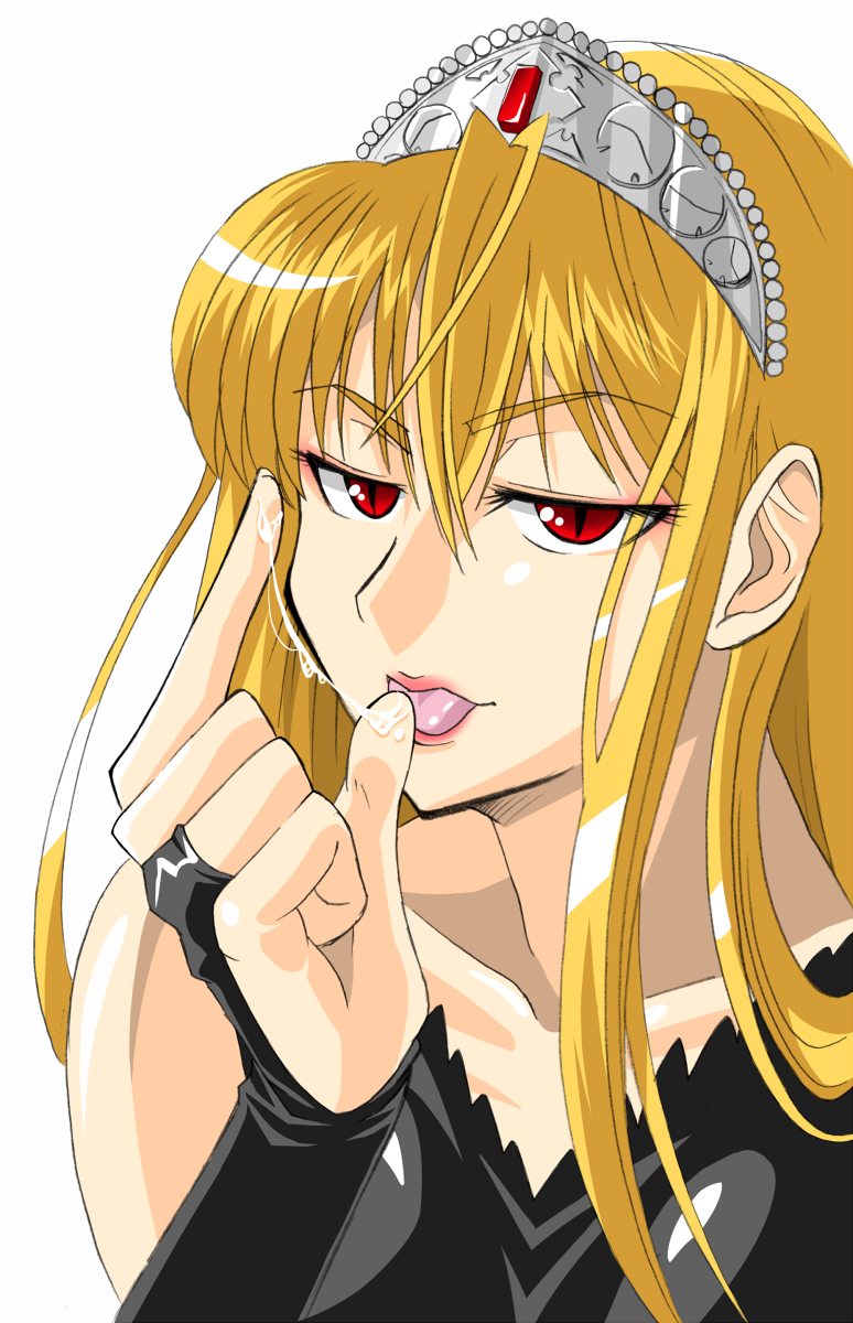 1girls 2d 2d_(artwork) black_clothing blank_background blonde_female blonde_hair blonde_hair_female blonde_hair_red_eyes clothing cum cum_string female female_only highres hime_(kaibutsu_oujo) hinoki kaibutsu_oujo latex lilianne long_hair red_eyes solo solo_female tiara tongue white_background