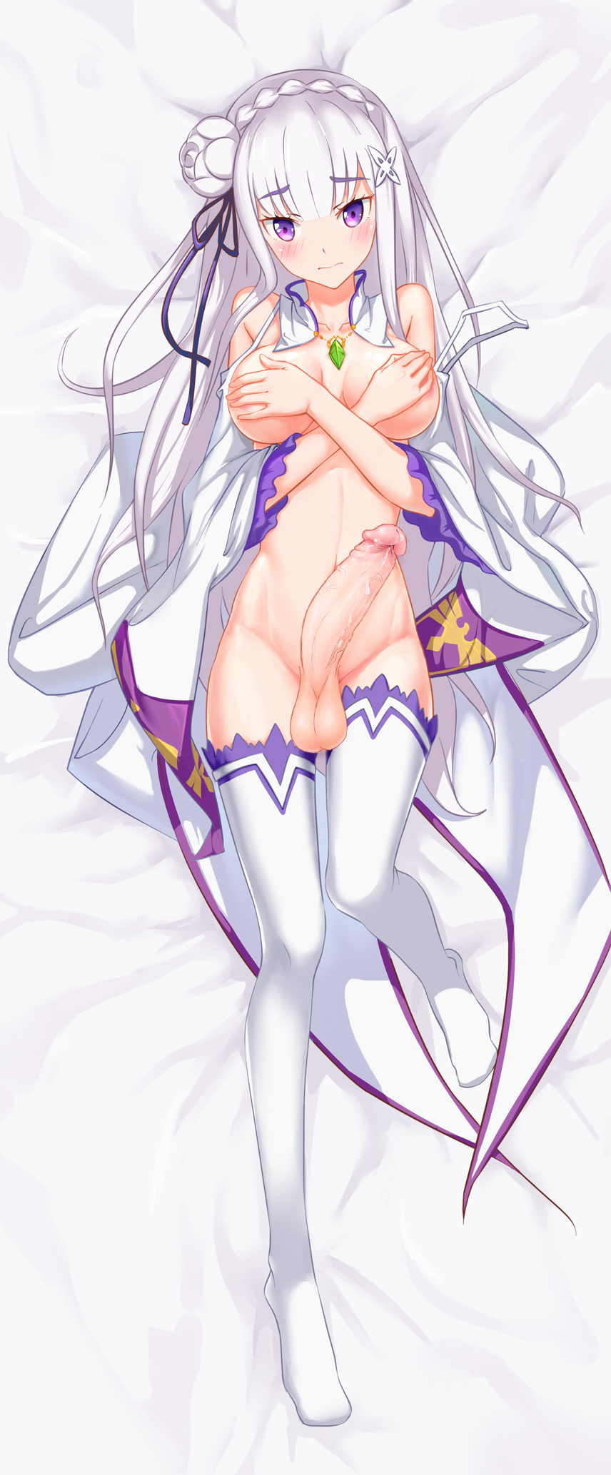 1futa balls big_breasts big_penis bottomless breasts covering_breasts dakimakura edit emilia_(re:zero) erection futa_only futanari human large_breasts light-skinned_futanari light_skin long_hair lying meng_jakan nude on_back penis penis_out purple_eyes re:zero_kara_hajimeru_isekai_seikatsu silver_hair solo td92 testicles thighhighs