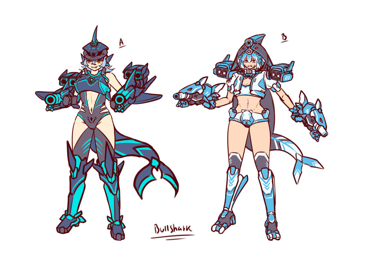 2024 2girls armored_female battlemech battletech bellybutton blue_hair bullshark_(battlemech) clan_(battletech) concept_art female mech mecha mechagirl mechwarrior midriff navel orange_eyes shark shark_tail sharp_teeth shikai_(artist) small_breasts tagme thighs white_hair