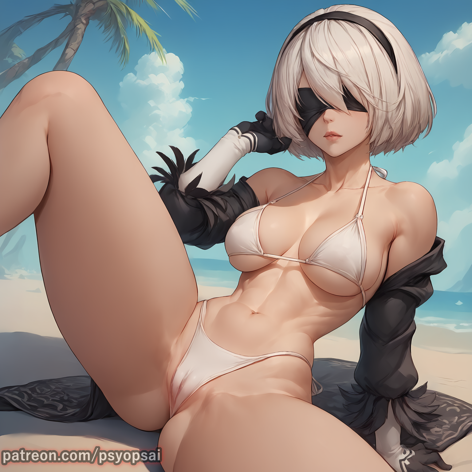 1girls, abs, ai generated, artist name, beach, big breasts, bikini, blindfold, blue eyes, breasts, cameltoe, clothed, clothing, colored, covered eyes, curvy, digital media (artwork), female, female focus, female only, fit, fit female, front view, legs, legs apart, looking at viewer, nier: automata, outdoors, partially visible vulva, psyopsai, pussy, sitting, solo, solo focus, spread legs, watermark, white hair, yorha 2b