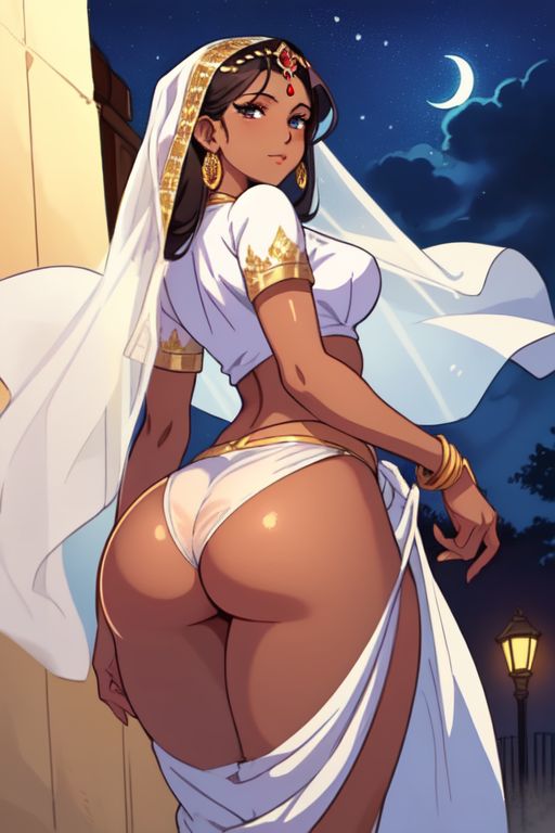 ai_generated ass ass_cheeks ass_focus back_view bangle big_breasts bindi blouse blue_eyes brown_hair bubble_butt butt dark-skinned_female dark_skin earrings forehead_jewel from_behind half-dressed hourglass_figure indian indian_clothes indian_female looking_at_viewer looking_back moon night night_sky panties round_ass round_butt saree sari showing_ass showing_off showing_off_ass slim_waist smile standing thick_thighs underwear undressing veil viewed_from_behind white_clothing white_panties wide_hips