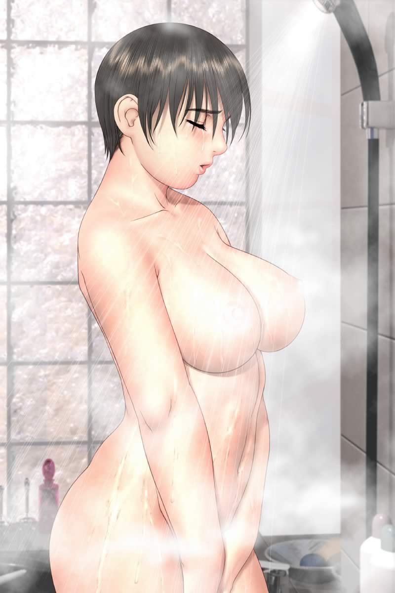 3d bangs bathroom black_hair blush bottle bowl breasts brown_hair closed_eyes closed_eyes curvy female game_cg glass highres huge_breasts indoors katsuragi_ayumi large_breasts lipstick makeup masturbation navel nipples nude open_mouth profile short_hair shower shower_head sister_mermaid solo source_request standing steam tsukasa_jun water wet