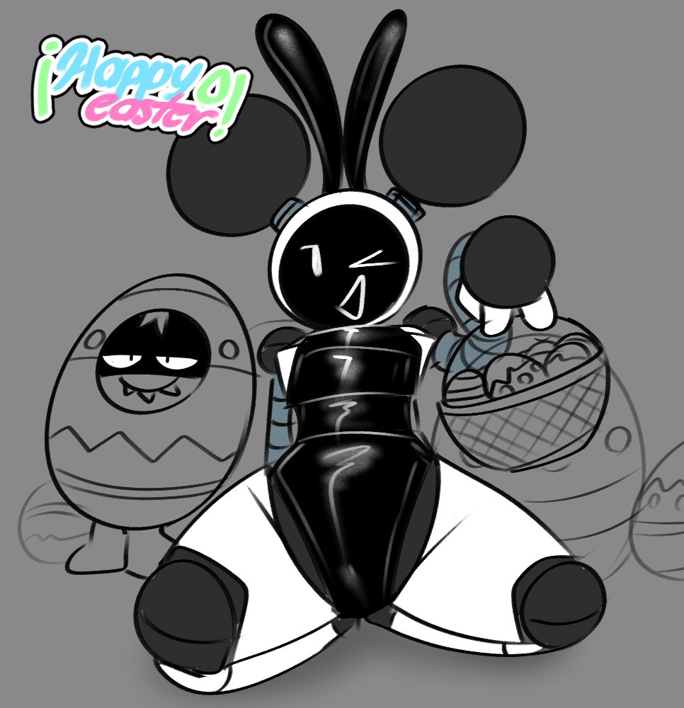 basket bunny_ears bunnysuit easter_eggs egg_basket faxy_(sketchylimesliv) female grey_background happy_easter limeslemonades mob_face robot robot_girl sketchylimesliv spread_legs tagme