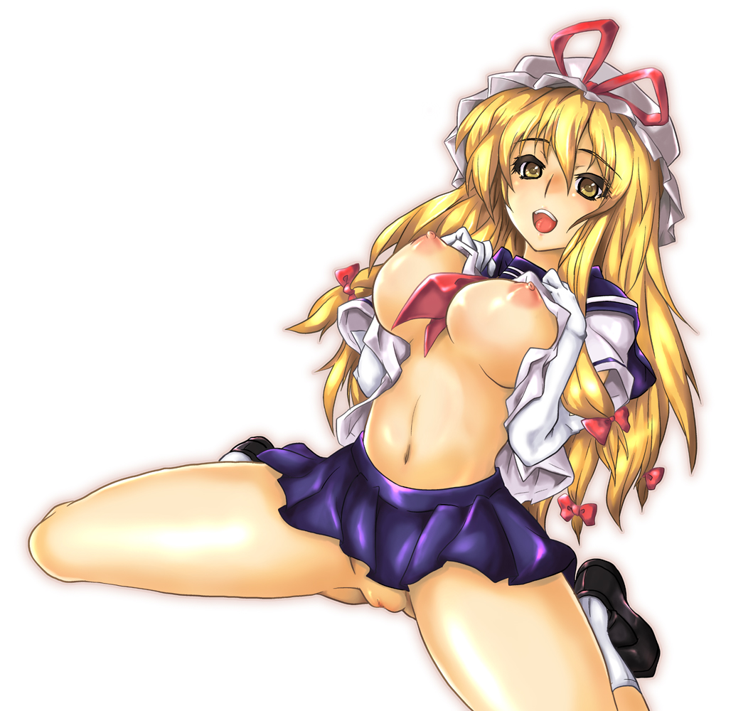 blonde_hair breasts censored elbow_gloves female gloves hair_ribbon hat long_hair nude pleated_skirt pointless_censoring pussy ribbon school_uniform simple_background skirt solo ta_ki touhou uncensored white_gloves yellow_eyes yukari_yakumo