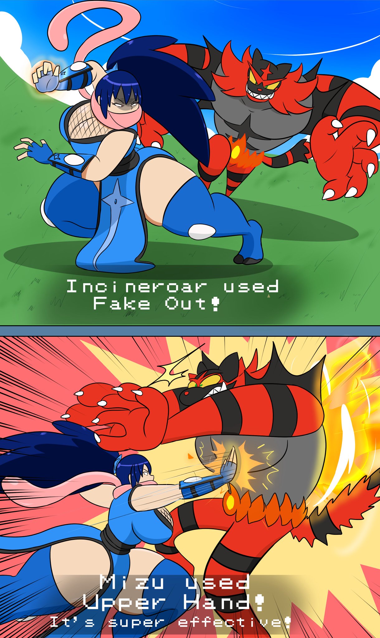 big_ass big_breasts blue_hair cleavage curvy curvy_body curvy_female curvy_figure fat_ass fight fighting fighting_stance greninja huge_thighs humanoid igphhangout incineroar large_ass large_breasts larger_male mizu_(igphhangout) pokemon size_difference smaller_female thighhighs