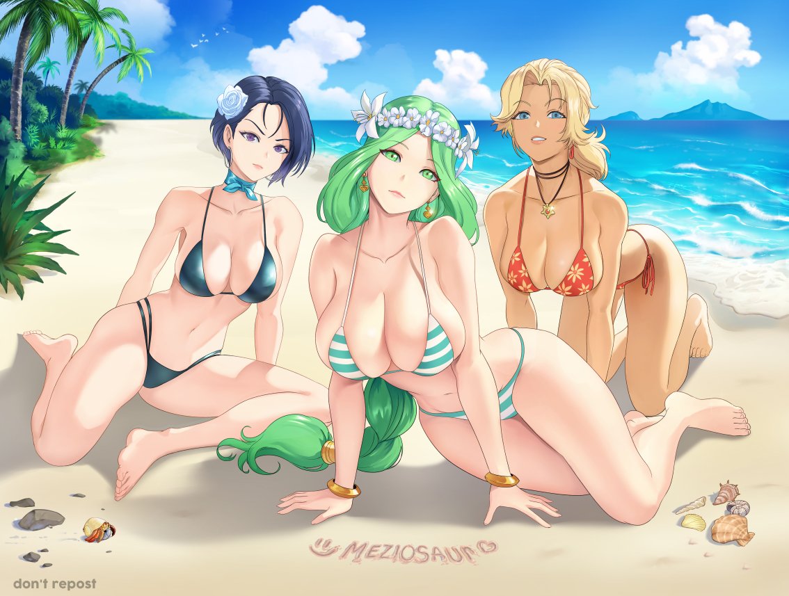 3girls beach bikini catherine_(fire_emblem) fire_emblem fire_emblem:_three_houses meziosaur multiple_girls nintendo rhea_(fire_emblem) shamir_nevrand