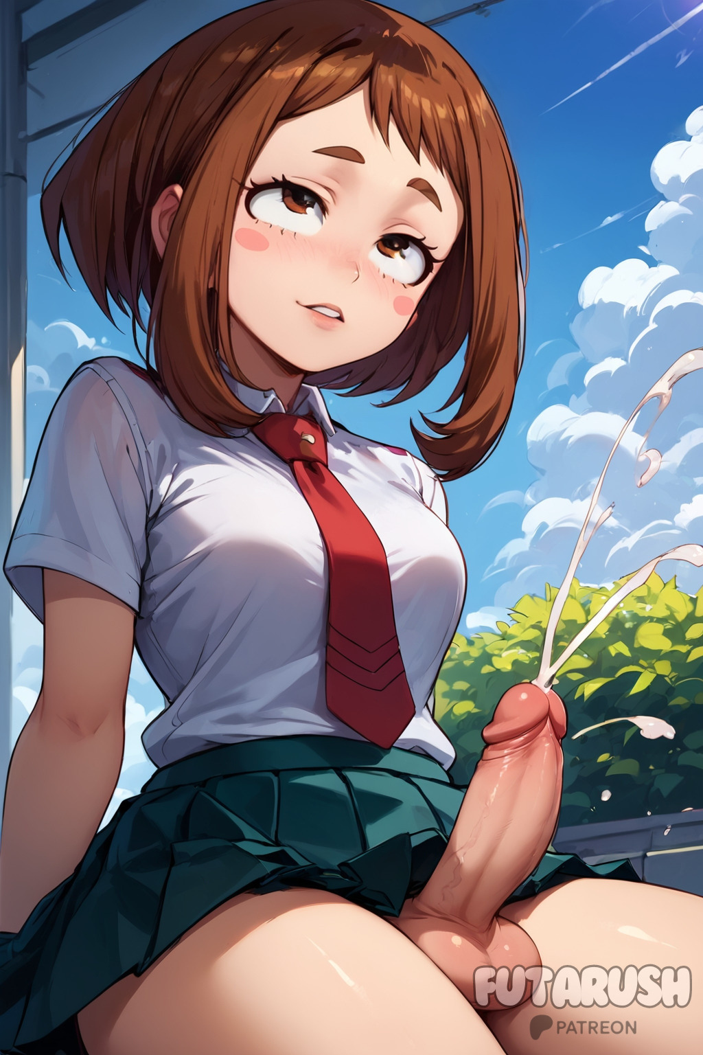 1futa, ai generated, artist name, balls, big penis, breasts, brown eyes, brown hair, cock, commission, dick, dickgirl, erect penis, erected penis, erection, female, futa only, futa sans pussy, futanari, futarush, intersex, large cock, large penis, looking at viewer, my hero academia, naked, naked futa, nude, nude futa, ochako uraraka, outdoors, patreon, patreon username, penis, school uniform, schoolgirl, skirt, skirt lift, skirt up, solo futa, video game, video games