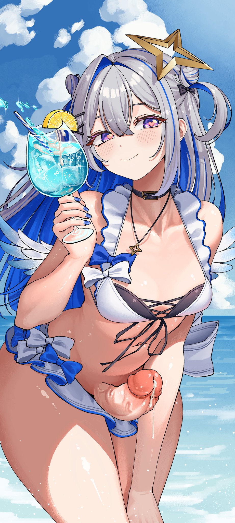 1futa amane_kanata angel angel_wings bent_over big_penis bikini black_collar blue_bow blue_hair blue_nails blue_sky bow breasts clothed clothing collar colored_inner_hair cum day drink drinking_straw erection feathered_wings frilled_bikini frilled_bikini_bottom frilled_bikini_top frills front-tie_bikini_top front-tie_top futa_only futanari grey_hair hair_ornament hairclip halo heart heart-shaped_pupils highres holding holding_drink hololive human jewelry light-skinned_futanari light_skin long_hair looking_at_viewer mostly_nude multicolored_hair navel necklace ocean outdoors penis purple_eyes single_hair_intake sky small_breasts smile solo standing star_halo streaked_hair swimsuit symbol-shaped_pupils totemoyuuutsu tropical_drink two_side_up virtual_youtuber white_bikini white_bow wings