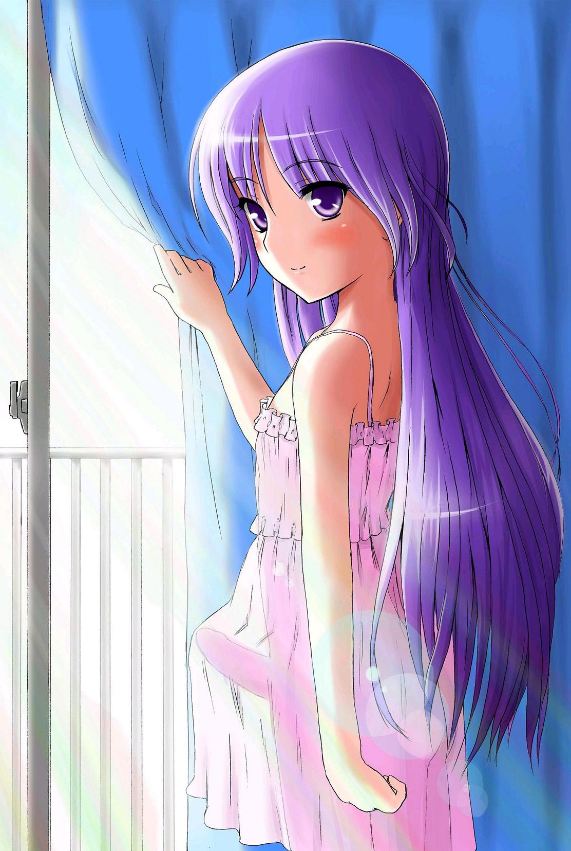 androgynous blush chemise crossdressing erection femboy happiness happiness! highres i'd_hit_it lingerie long_hair male morning_wood no_panties penis purple_eyes purple_hair see-through skirt solo underwear watarase_jun window