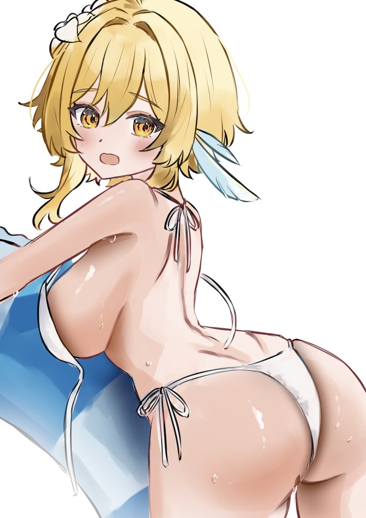 1girls 2d 2d_(artwork) alternate_breast_size alternate_costume ass back back_view backboob big_breasts bikini bikini_bottom bikini_top blonde_hair bra female female_focus female_only flowers flowers_in_hair genshin_impact ikurumidwd light-skinned_female light_skin looking_at_viewer lumine_(genshin_impact) open_mouth revealing_swimsuit short_hair simple_background slim_girl solo solo_female solo_focus summer swimsuit thong thong_bikini two_piece_swimsuit white_background white_bikini white_bikini_bottom white_bikini_top white_bra white_swimsuit white_thong yellow_eyes young younger_female