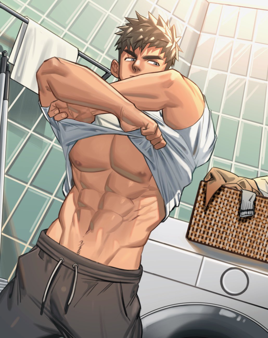 1boy bara bare_pectorals lad large_pectorals male male_focus male_only muscular muscular_male original pectorals short_hair thick_eyebrows yaoi youchi123