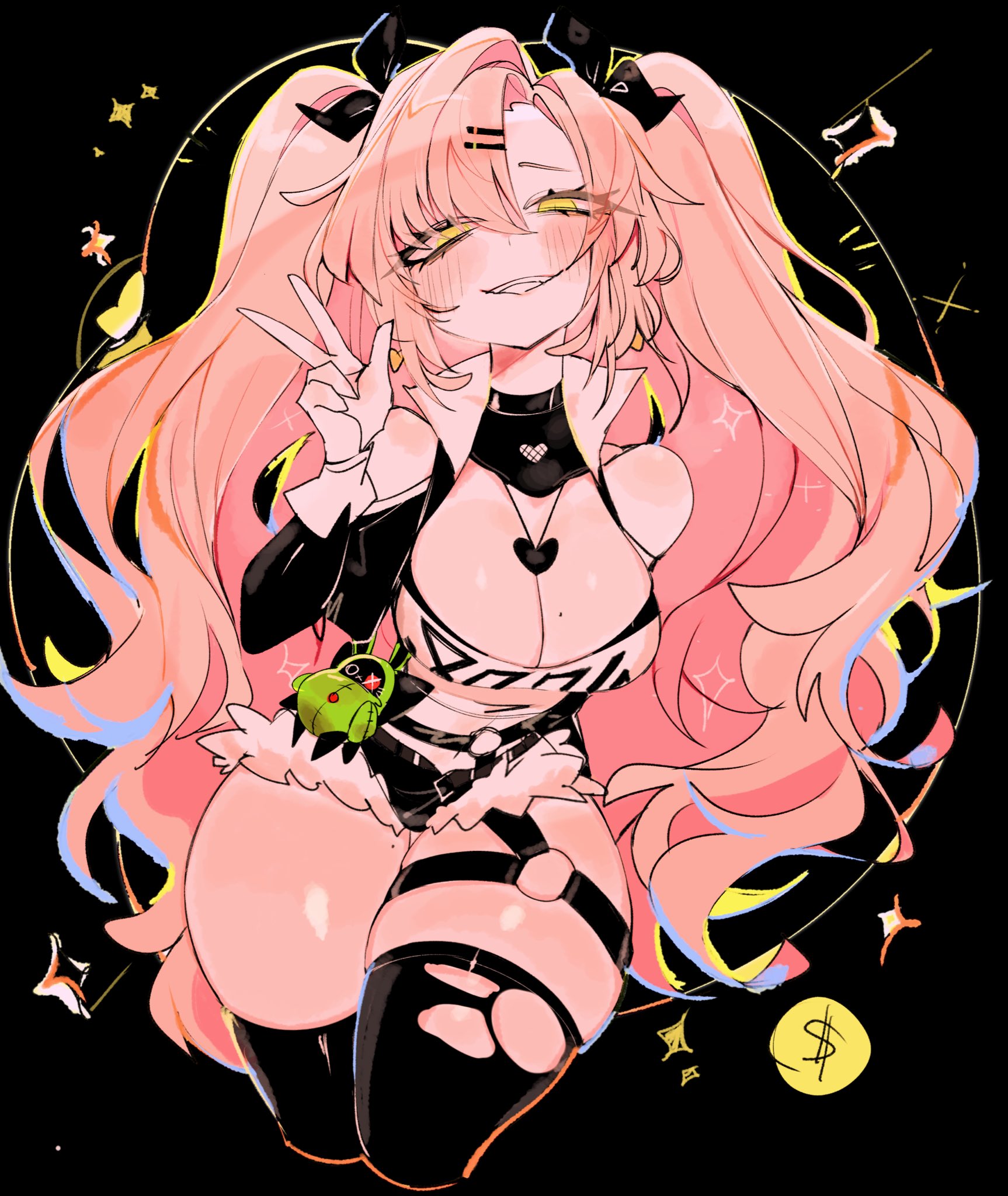 1girls, big breasts, black background, blush, blush lines, breasts, cleavage, clothed female, female, hoyoverse, light skin, light-skinned female, long hair, nicole demara, peace sign, pink hair, shorts, solo, solo female, thick thighs, thighhighs, thighs, torn thighhighs, twintails, usa37107692, yellow eyes, zenless zone zero