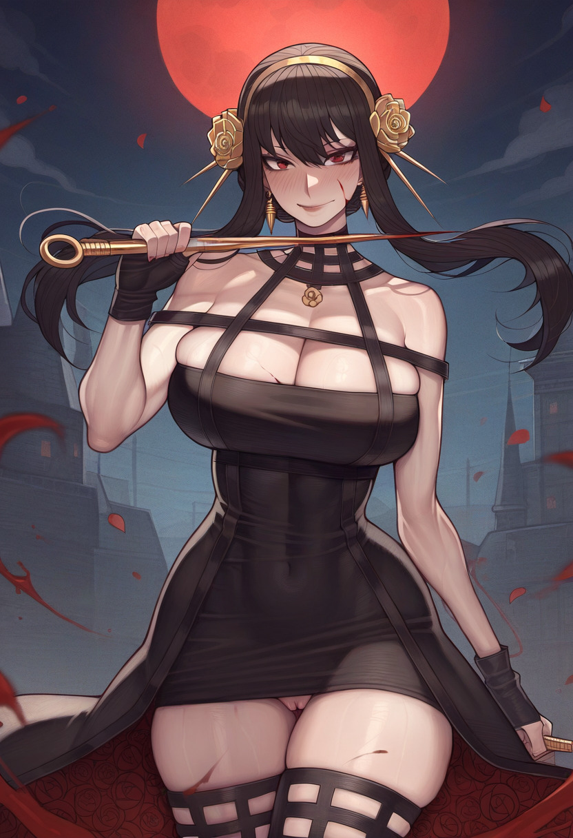 1girls ai_generated big_ass big_breasts big_butt big_nipples big_thighs black_hair blood blush breasts cleavage female female_focus female_only huge_ass huge_breasts huge_butt huge_nipples huge_thighs moon pussy red_eyes red_moon spy_x_family standing wanuze weapon wide_hips yor_briar yor_forger