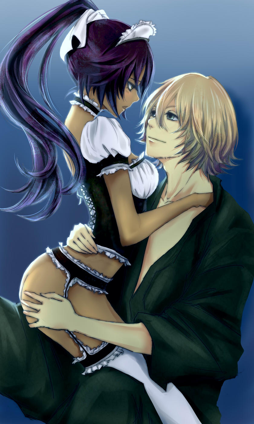 1boy, 1girls, 2009, ass, ass grab, bleach, blonde hair, blush, dark skin, dark-skinned female, female, garter belt, highres, interracial, kisuke urahara, maboroshi (pixiv1455317), maid, male, no panties, ponytail, purple hair, shihouin yoruichi, tied hair