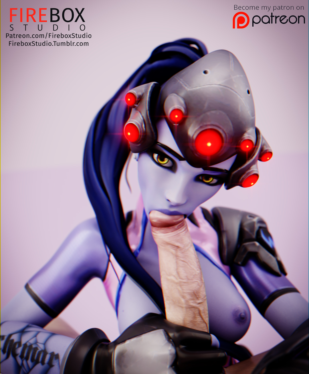3d, amelie lacroix, blender, blizzard entertainment, blue skin, breasts, fellatio, female, fireboxstudio, hand on penis, large penis, long penis, male, oral, overwatch, partial male, patreon username, penis, pov, tumblr username, widowmaker, yellow eyes