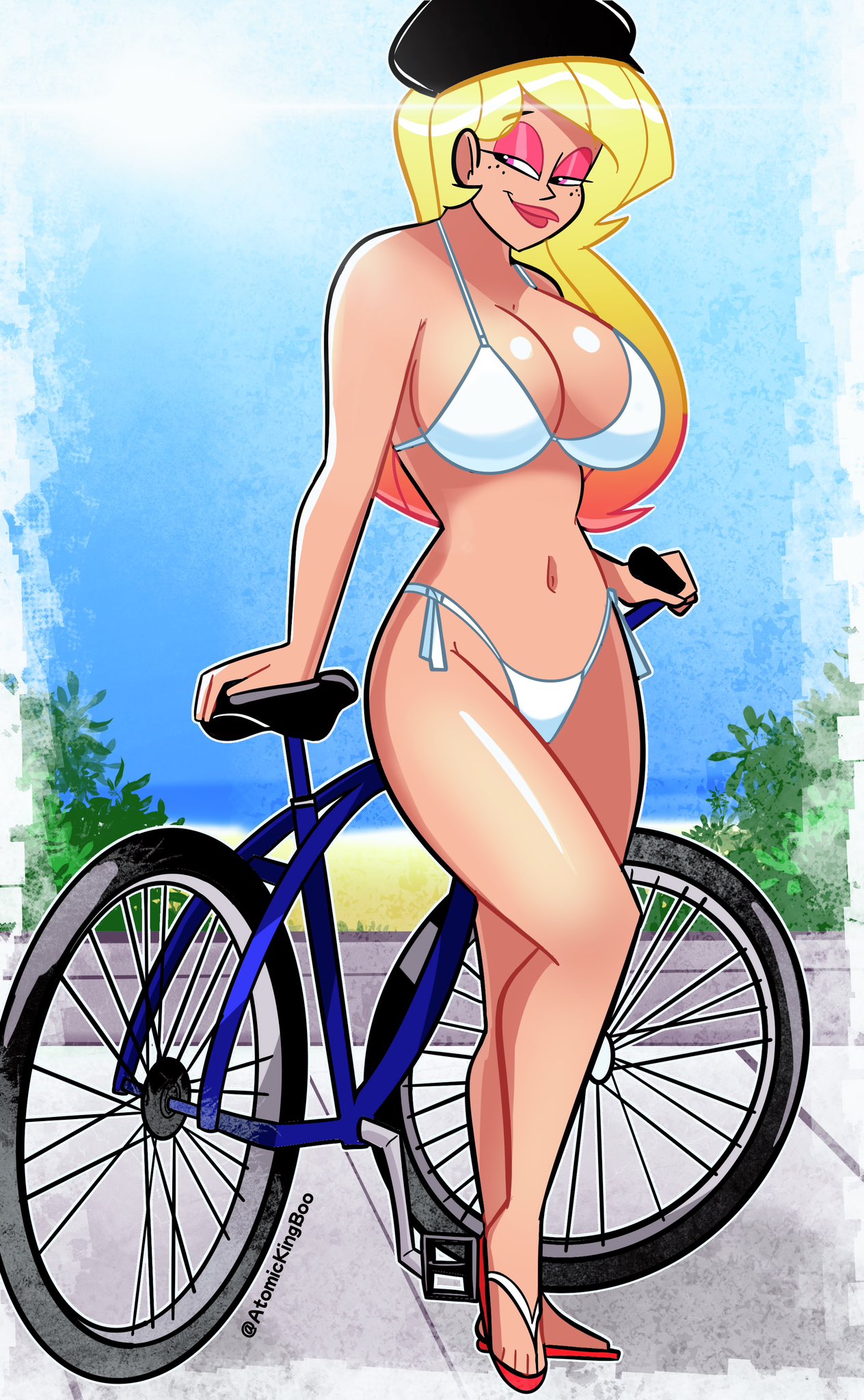 1girls ass atomickingboo bicycle big_ass big_breasts bikini blonde_hair breasts bust busty chest cleavage curvaceous curvy curvy_figure digital_media_(artwork) felicia_andrews female female_focus french_accent french_female gradient_hair hat hips hourglass_figure huge_ass huge_breasts human large_ass large_breasts legs light-skinned_female light_skin long_hair mature mature_female navel original original_character shiny_skin slim_waist smile thick thick_hips thick_legs thick_thighs thighs two_tone_hair voluptuous waist white_bikini wide_hips