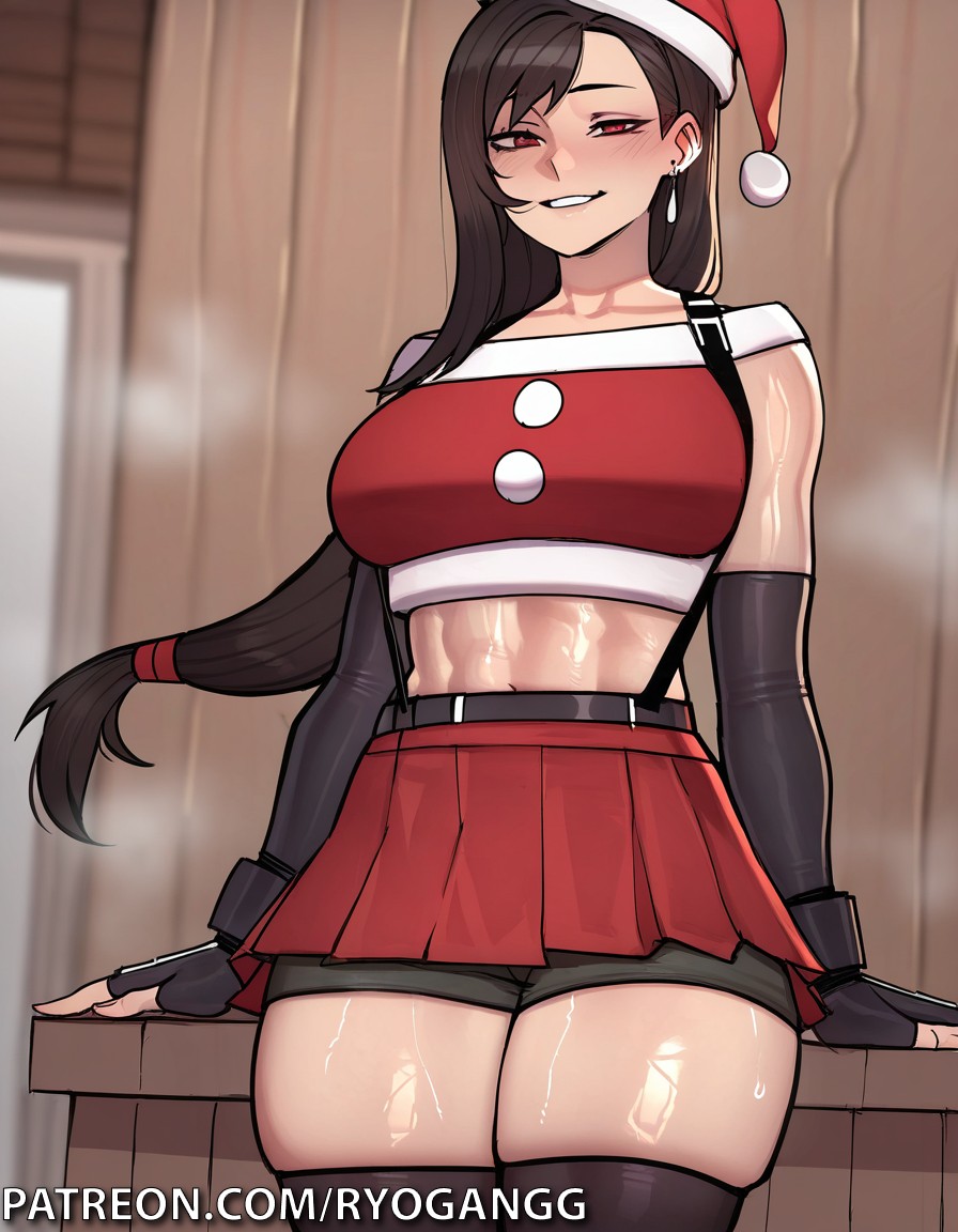 abs, ai generated, ass, christmas, christmas outfit, crop top, female, final fantasy, final fantasy vii, fingerless gloves, gloves, large ass, muscular, muscular female, ryogangg, santa costume, skirt, thick thighs, thighhighs, tifa lockhart, toned, toned female