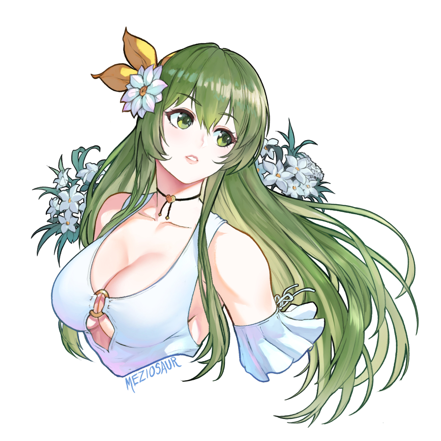 1girls alternate_costume bare_shoulders breasts cleavage detached_sleeves erinys_(fire_emblem) female female female_only fire_emblem fire_emblem:_genealogy_of_the_holy_war flower green_eyes green_hair hair_flower hair_ornament hair_ribbon large_breasts long_hair meziosaur nintendo one-piece_swimsuit parted_lips ribbon short_sleeves solo swimsuit upper_body very_long_hair white_flower white_one-piece_swimsuit white_swimsuit yellow_ribbon