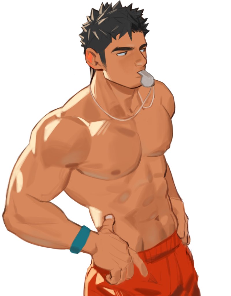 1boy bara bare_pectorals lad large_pectorals male male_focus male_only muscular muscular_male original pectorals short_hair shorts thick_eyebrows yaoi youchi123