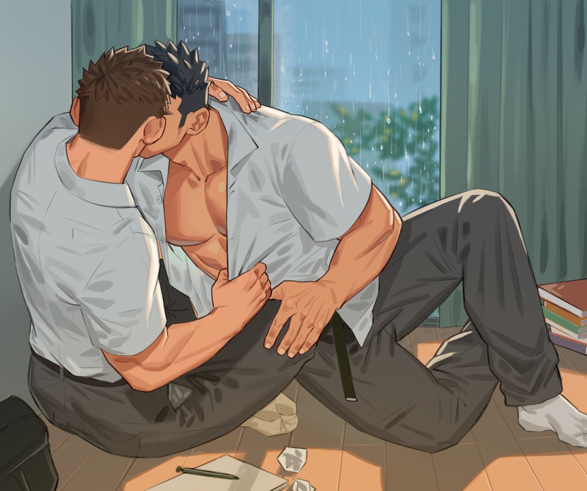 2boys bara bare_pectorals fraternity kissing lad large_pectorals male male_focus male_only muscular muscular_male original pectorals short_hair suit thick_eyebrows yaoi youchi123