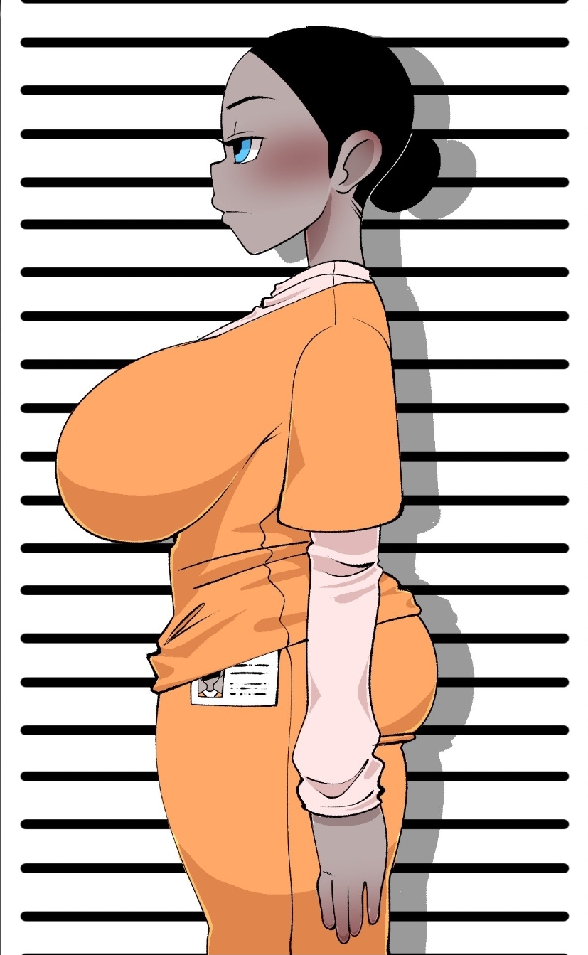 1girls big_breasts black_hair blue_eye breasts female female_only huge_breasts mugshot oc original_character pinkbobatoo prison_clothes side_view skiddioop