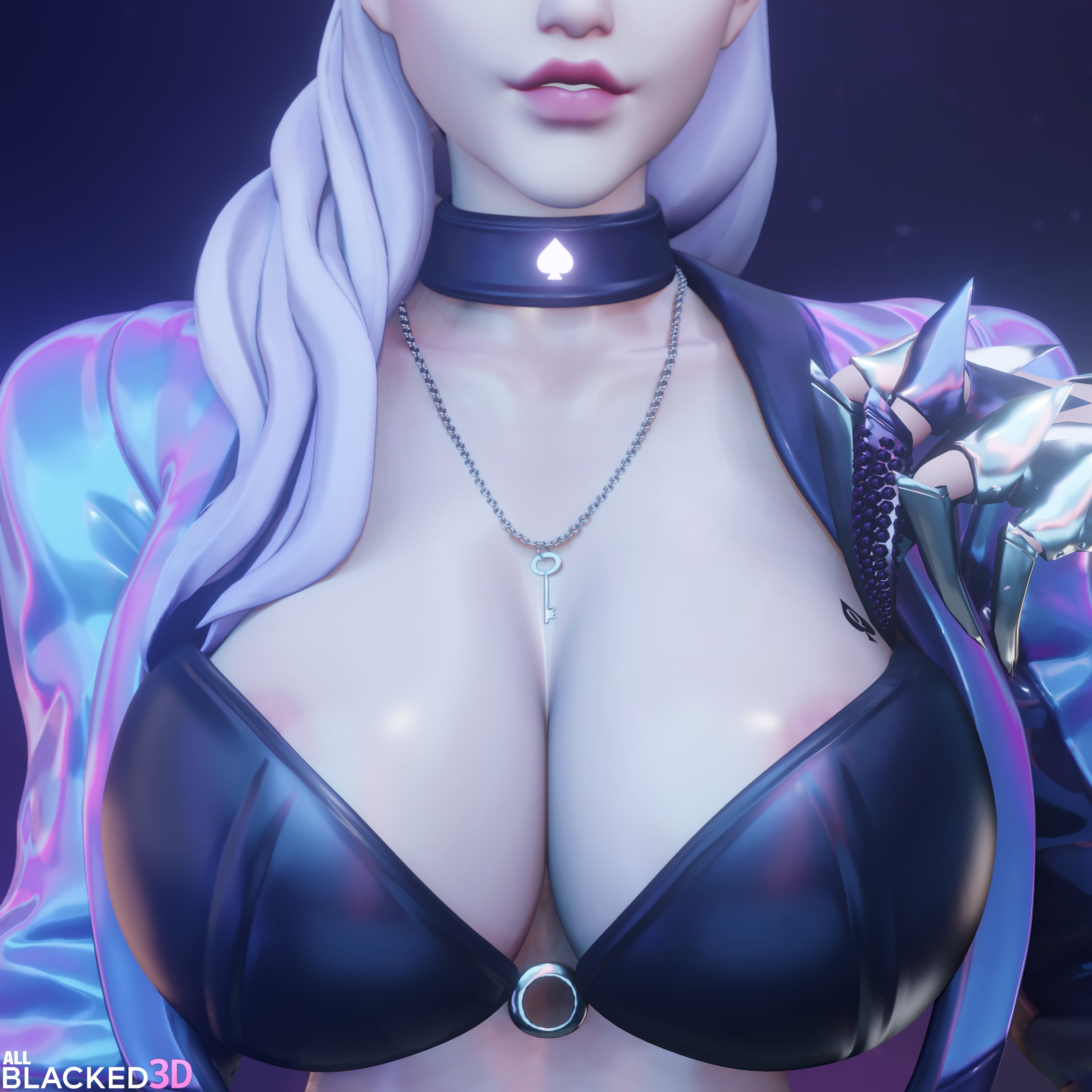 1girls, 3d, allblacked3d, big breasts, breast focus, breasts, chastity key, cleavage, evelynn, female, female only, fingerless gloves, k/da all out evelynn, k/da all out series, key, key necklace, league of legends, looking at viewer, qos, qos tattoo, queen of spades, smile, solo, solo female, spade choker, spade tattoo, tagme, tattoo, white hair
