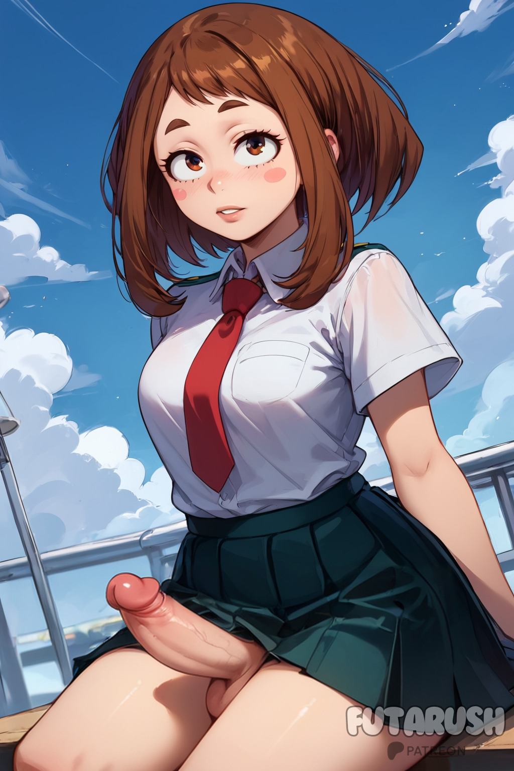 1futa, ai generated, artist name, balls, big penis, breasts, brown eyes, brown hair, cock, commission, dick, dickgirl, erect penis, erected penis, erection, female, futa only, futa sans pussy, futanari, futarush, intersex, large cock, large penis, looking at viewer, my hero academia, naked, naked futa, nude, nude futa, ochako uraraka, outdoors, patreon, patreon username, penis, school uniform, schoolgirl, skirt, skirt lift, skirt up, solo futa, video game, video games