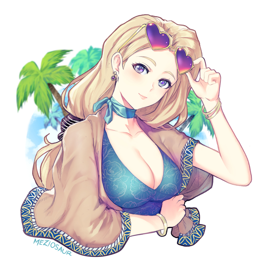 1girls alternate_costume bikini blonde_hair blue_bikini blue_choker blue_swimsuit bow bracelet breasts choker cleavage earrings eyewear_on_head female female female_only fire_emblem fire_emblem:_three_houses hairbow heart heart-shaped_eyewear jewelry large_breasts looking_at_viewer mercedes_von_martritz meziosaur nintendo palm_tree purple_eyes shawl simple_background smile sunglasses swimsuit tree white_background