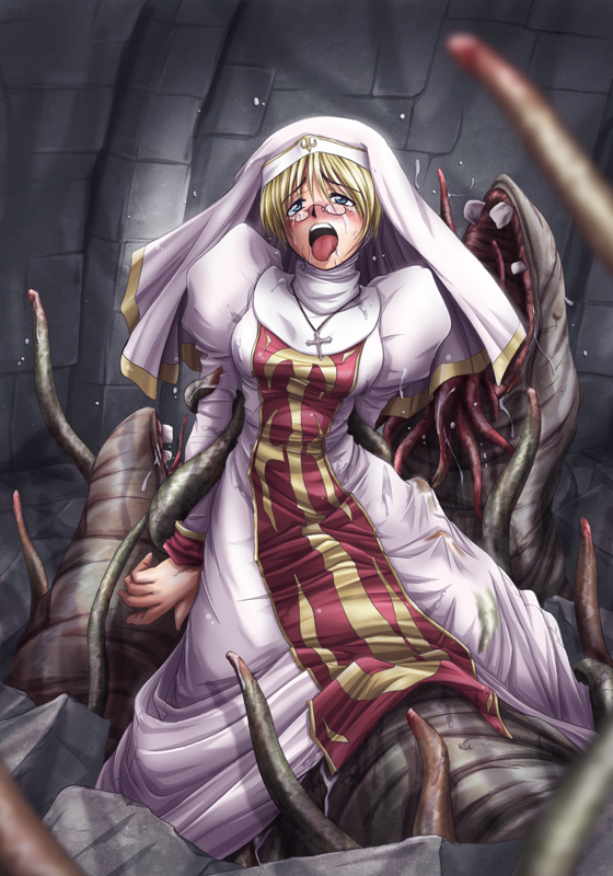 ambiguous_penetration blonde_hair blue_eyes blush clothed_sex clothing covered_penetration cross dress faith faith_(sbi) female glasses high_priest_(ragnarok_online) implied_penetration implied_sex monster nun open_mouth rape restrained sex_under_clothes sex_under_dress spread_legs tears tentacle tentacle_under_dress tentacles_under_clothes