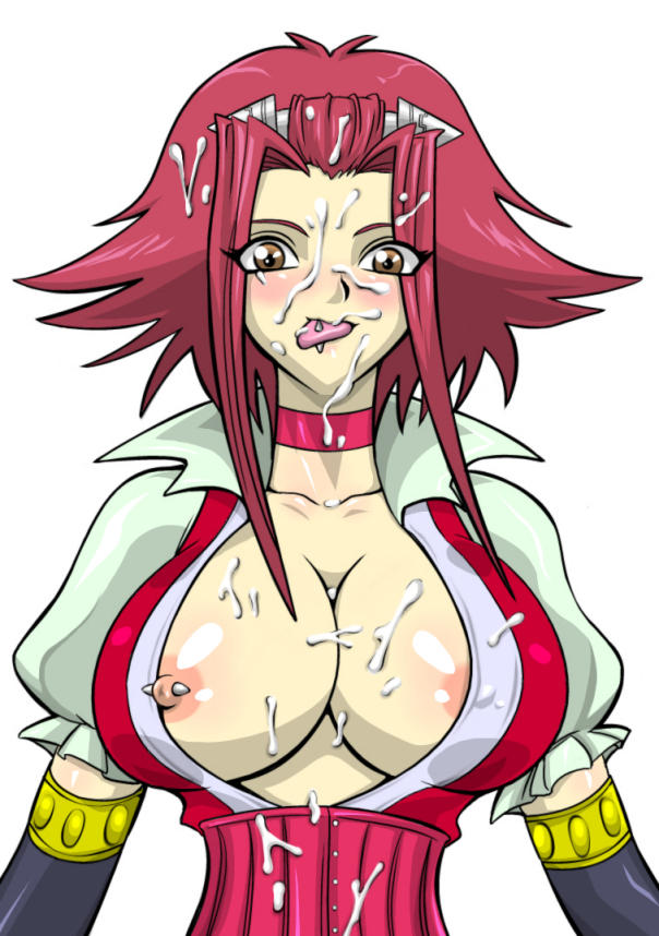 akiza_izinski breasts bukkake cum cum_in_mouth cum_on_body cum_on_breasts cum_on_tongue cum_on_upper_body female female_only human nipple_piercing nipples piercing solo straw_(artist) straw_(yokubou_hiroba) tongue_piercing yu-gi-oh! yu-gi-oh!_5d's