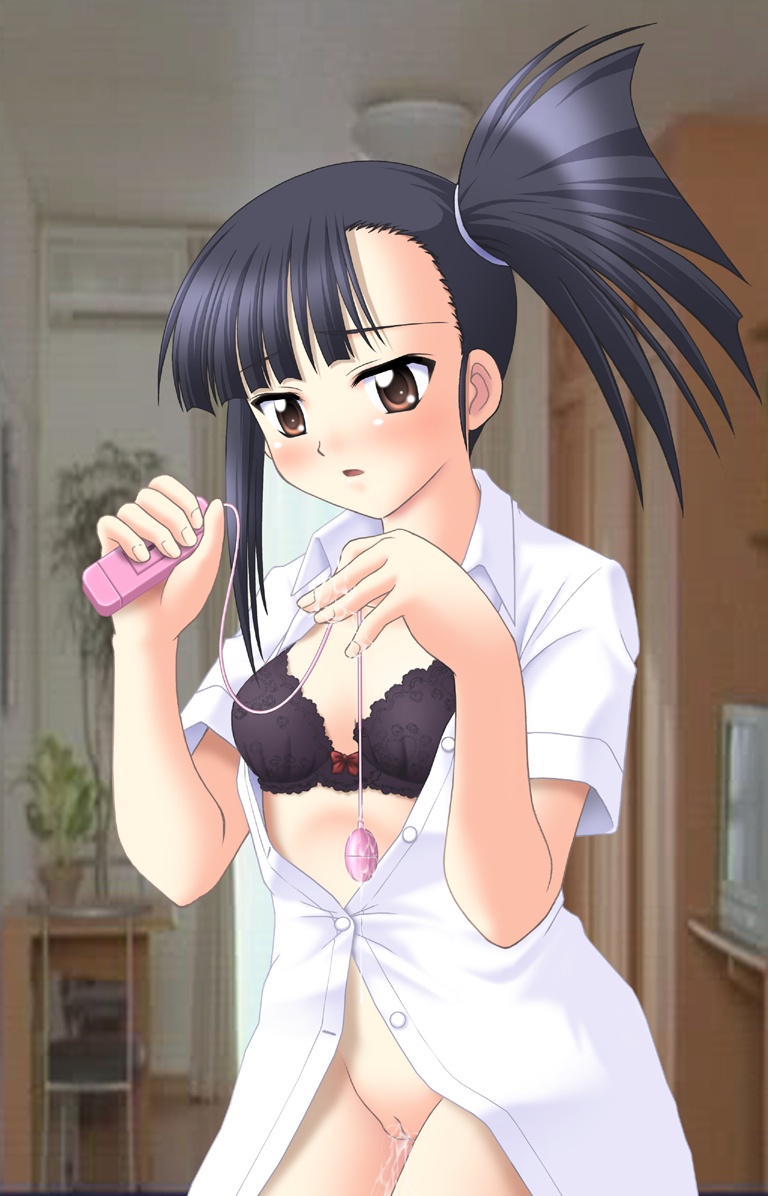 black_hair blush bra breasts brown_eyes cleavage clothing count_zero female lingerie long_hair mahou_sensei_negima mahou_sensei_negima! no_panties open_clothes open_mouth open_shirt pussy pussy_juice sakurazaki_setsuna shirt small_breasts solo tongue uncensored underwear vibrator wet_pussy