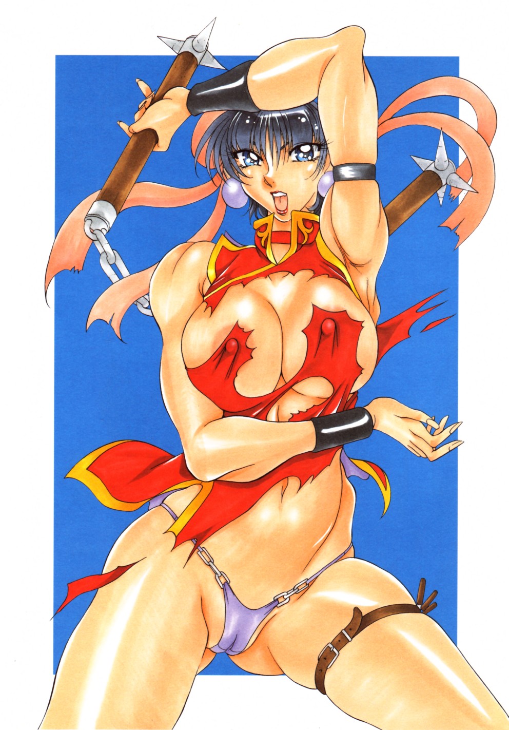 1girls azuki_kurenai black_hair breasts china_dress chinadress chinese_clothes curvy female highres huge_breasts open_mouth original solo torn_clothes