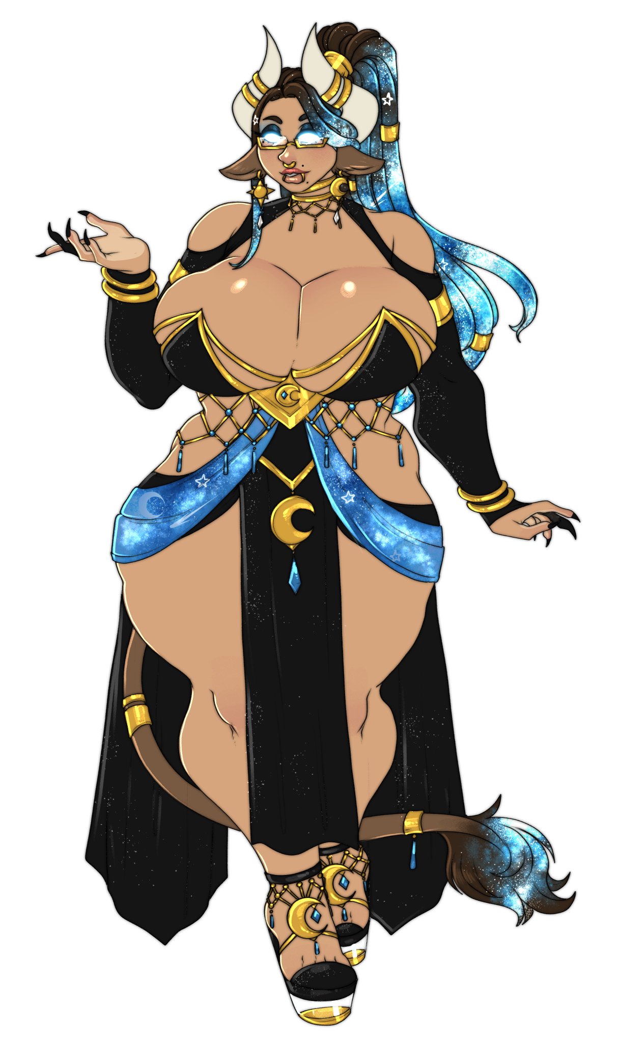 celestiallysin cleavage coraxol_(celestiallysin) cosmic cosmic_hair female horns oc